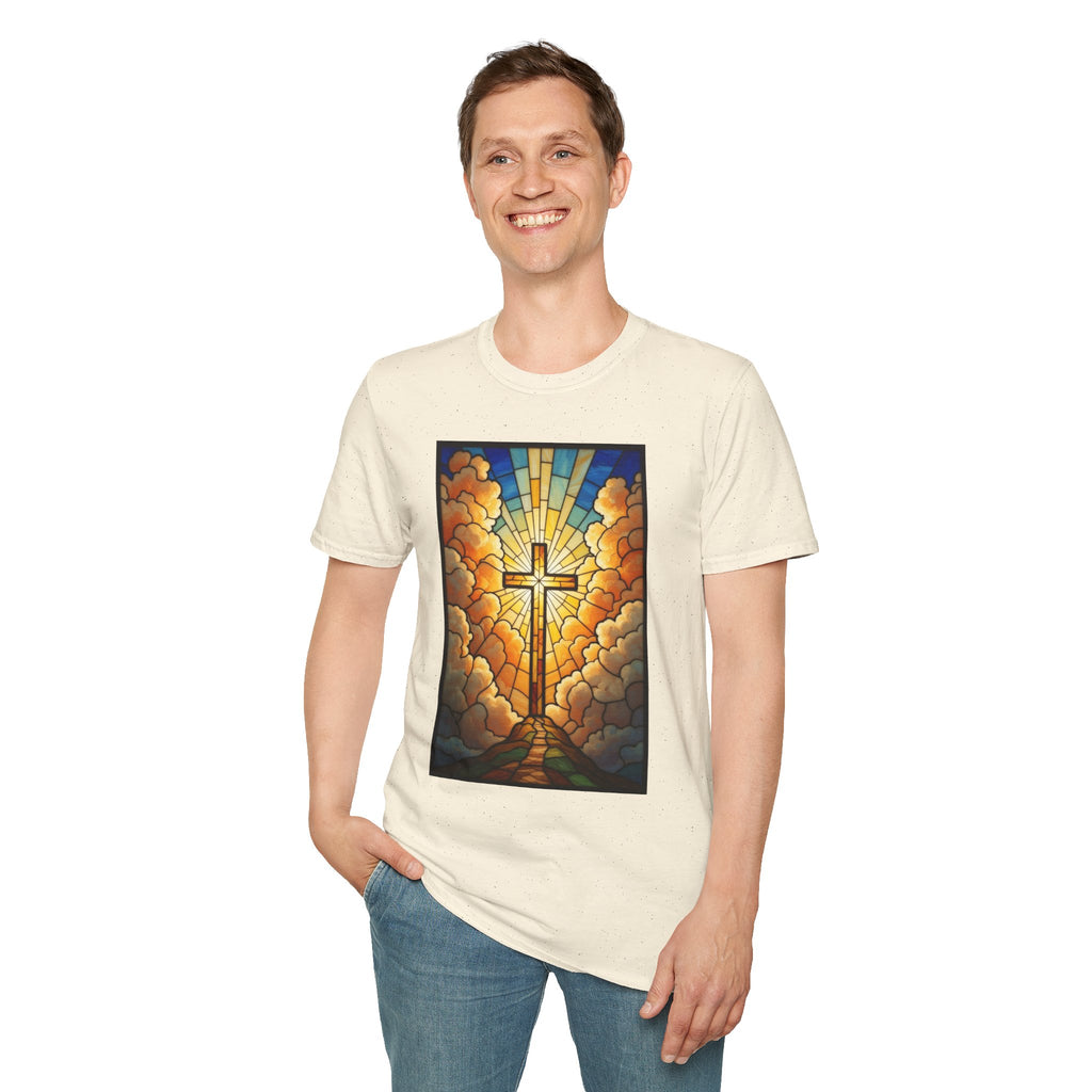 Christian Cross T-Shirt — Stained Glass Sunrise Faith Tee