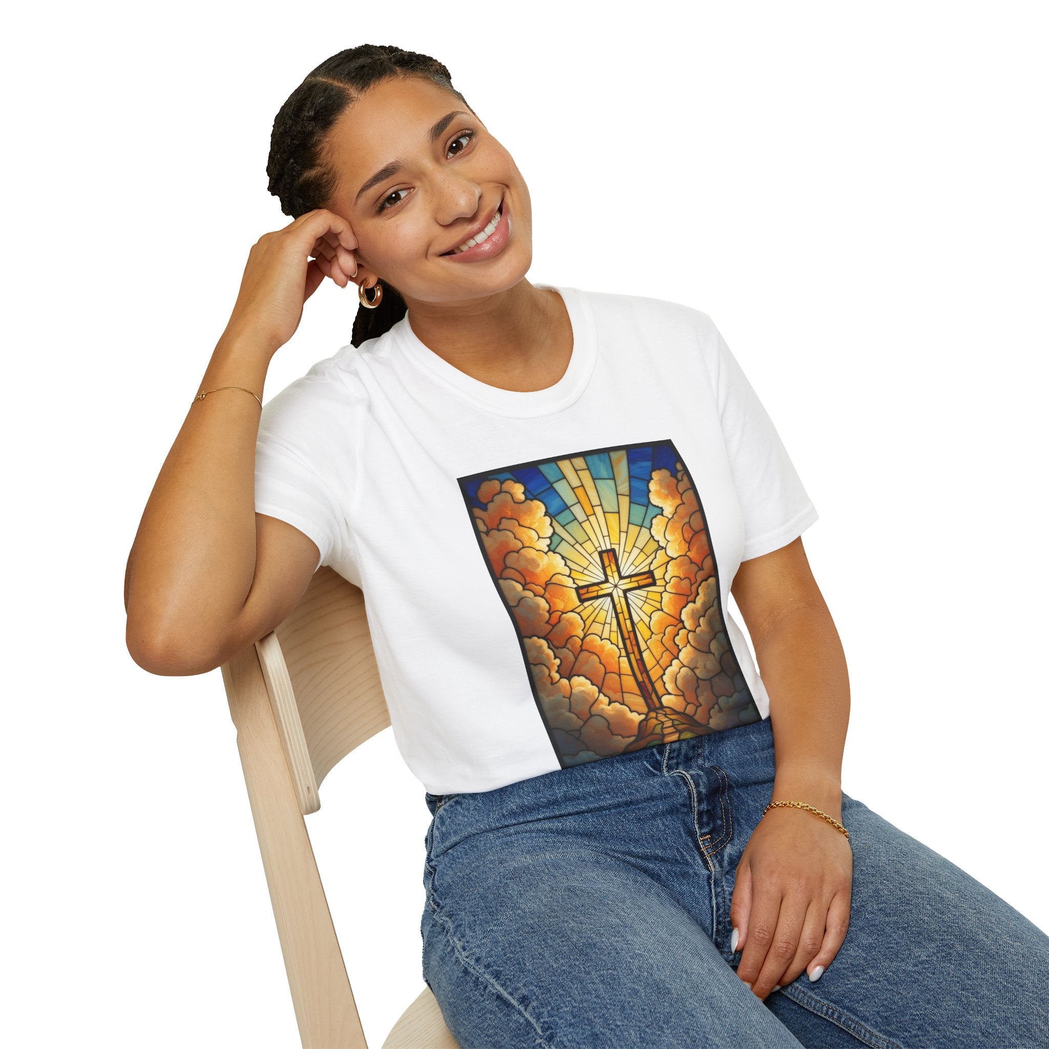 Christian Cross T-Shirt — Stained Glass Sunrise Faith Tee