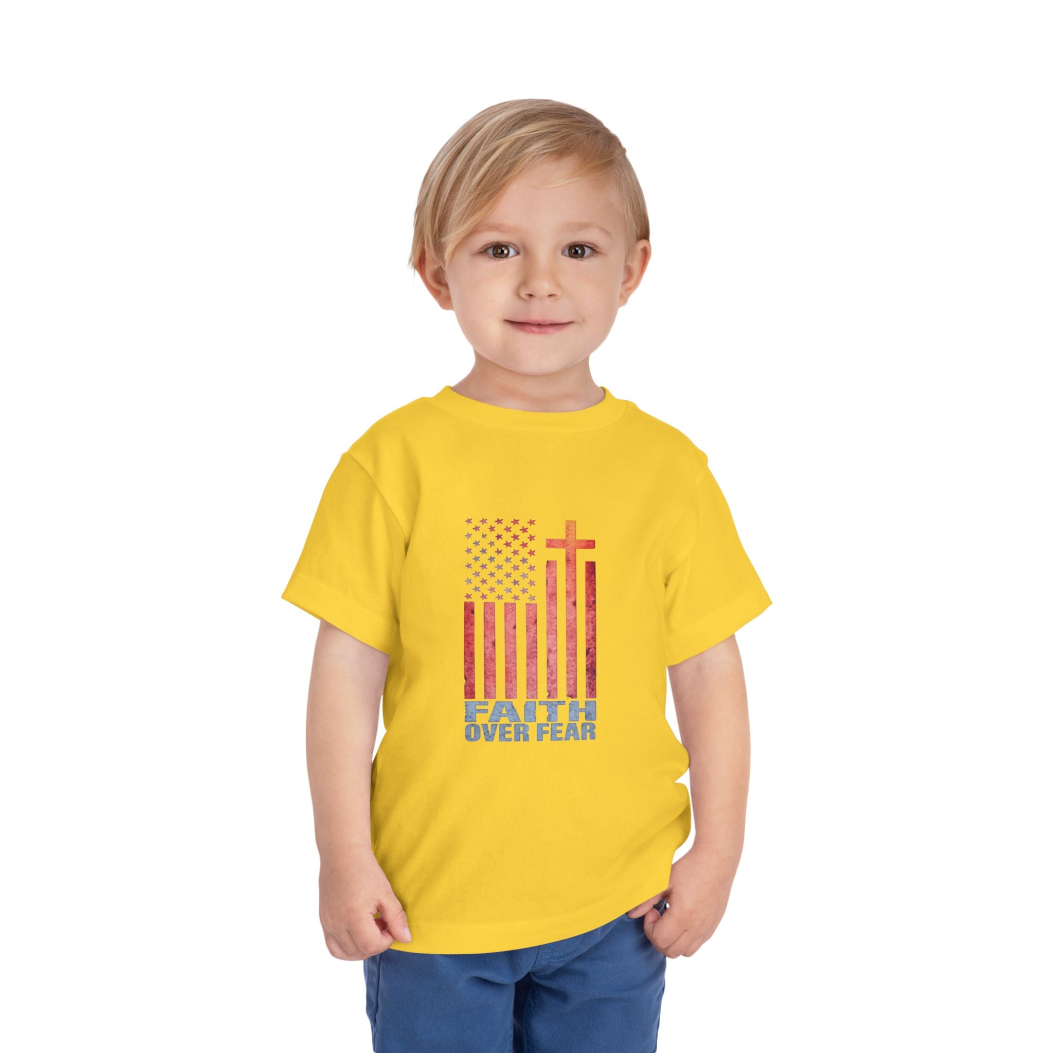 Toddler Tee — "Faith Over Fear" American Flag Cross Graphic