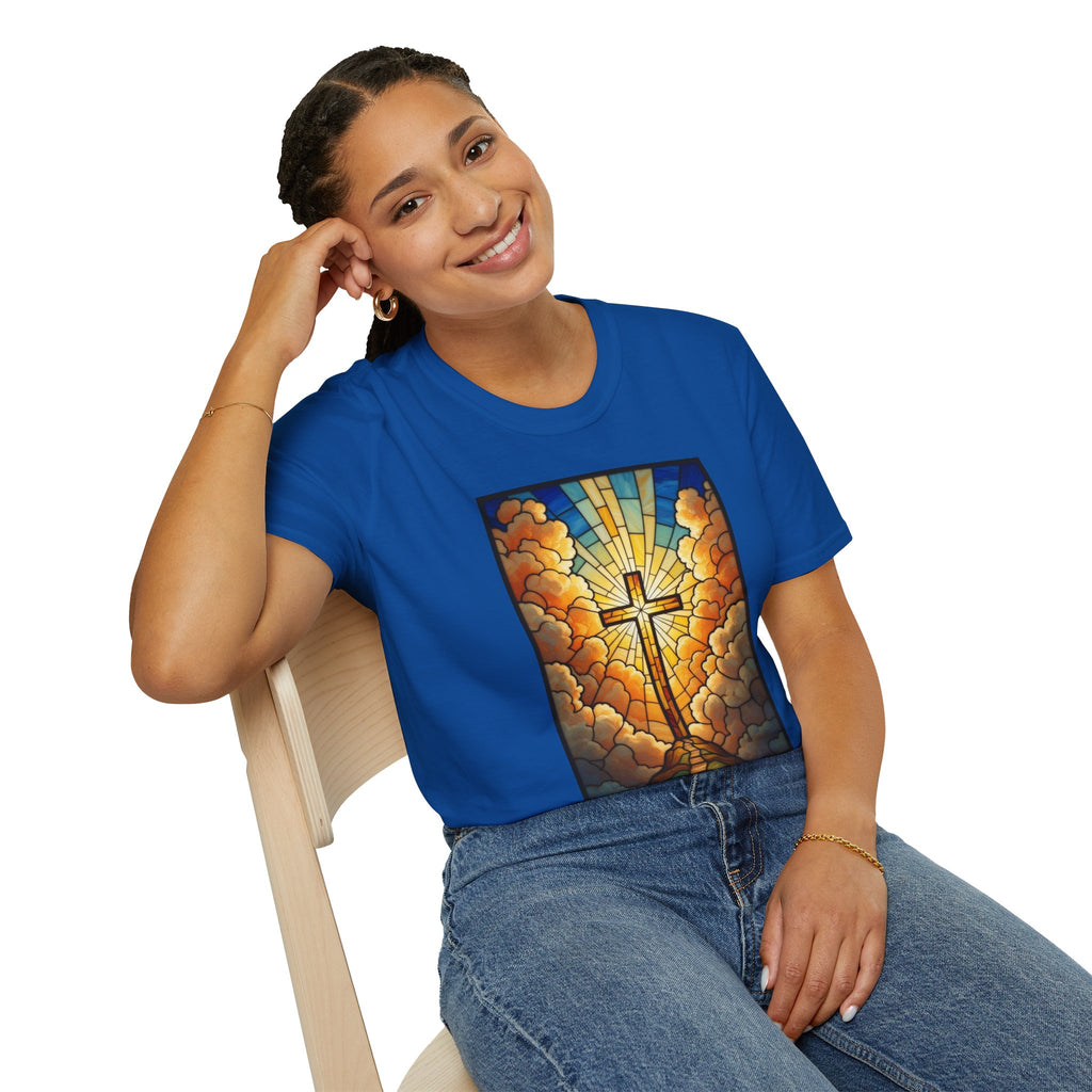 Christian Cross T-Shirt — Stained Glass Sunrise Faith Tee