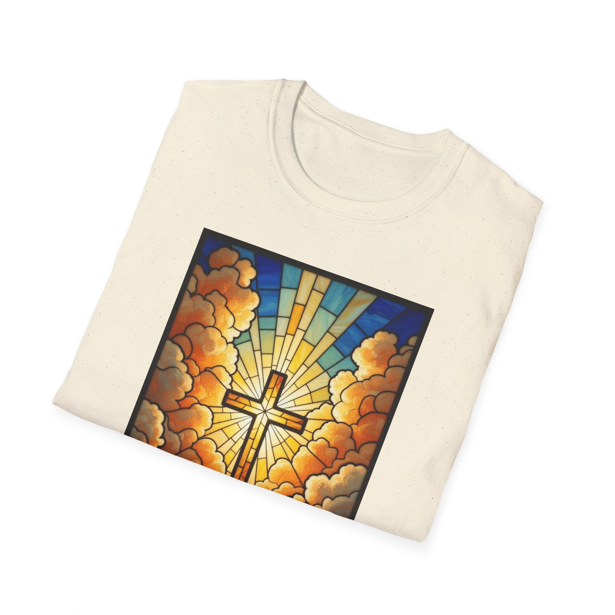 Christian Cross T-Shirt — Stained Glass Sunrise Faith Tee