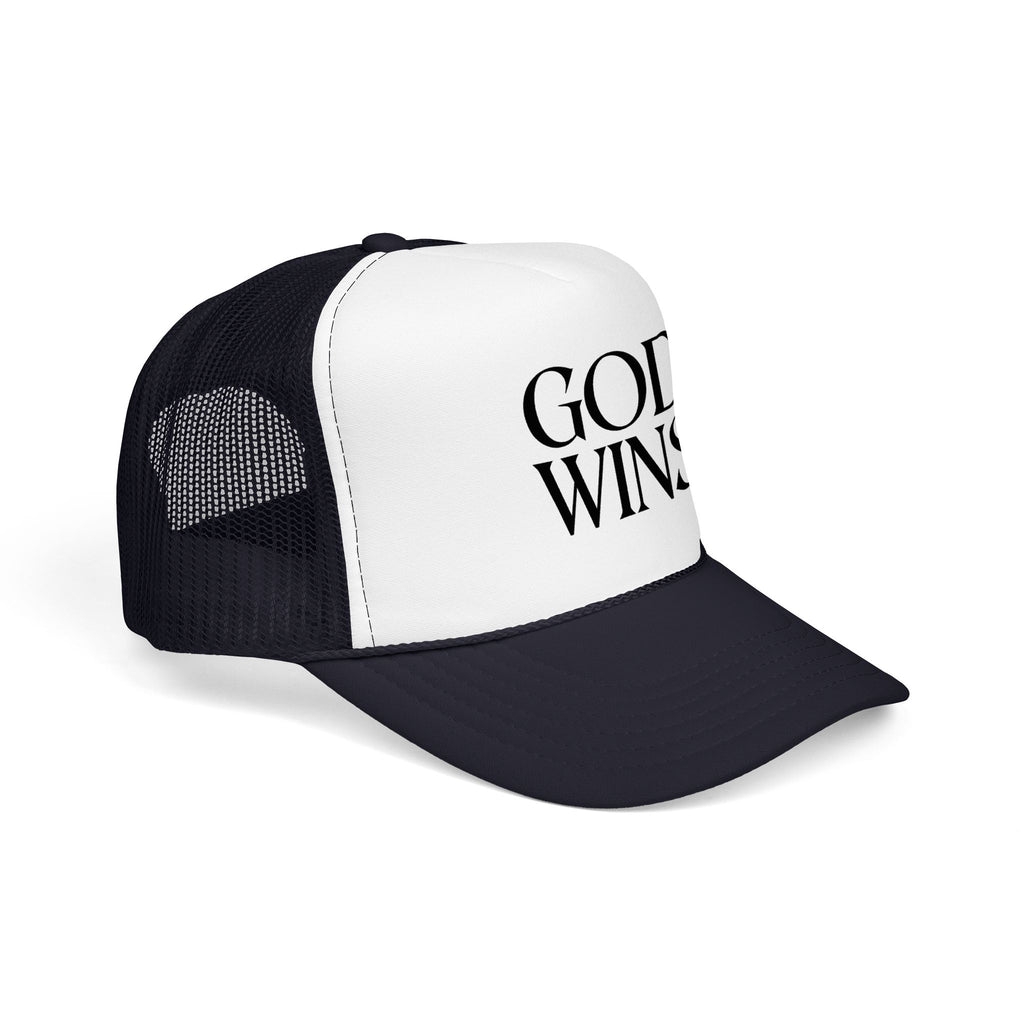 God Wins Trucker Hat — Christian Message Foam Mesh Cap