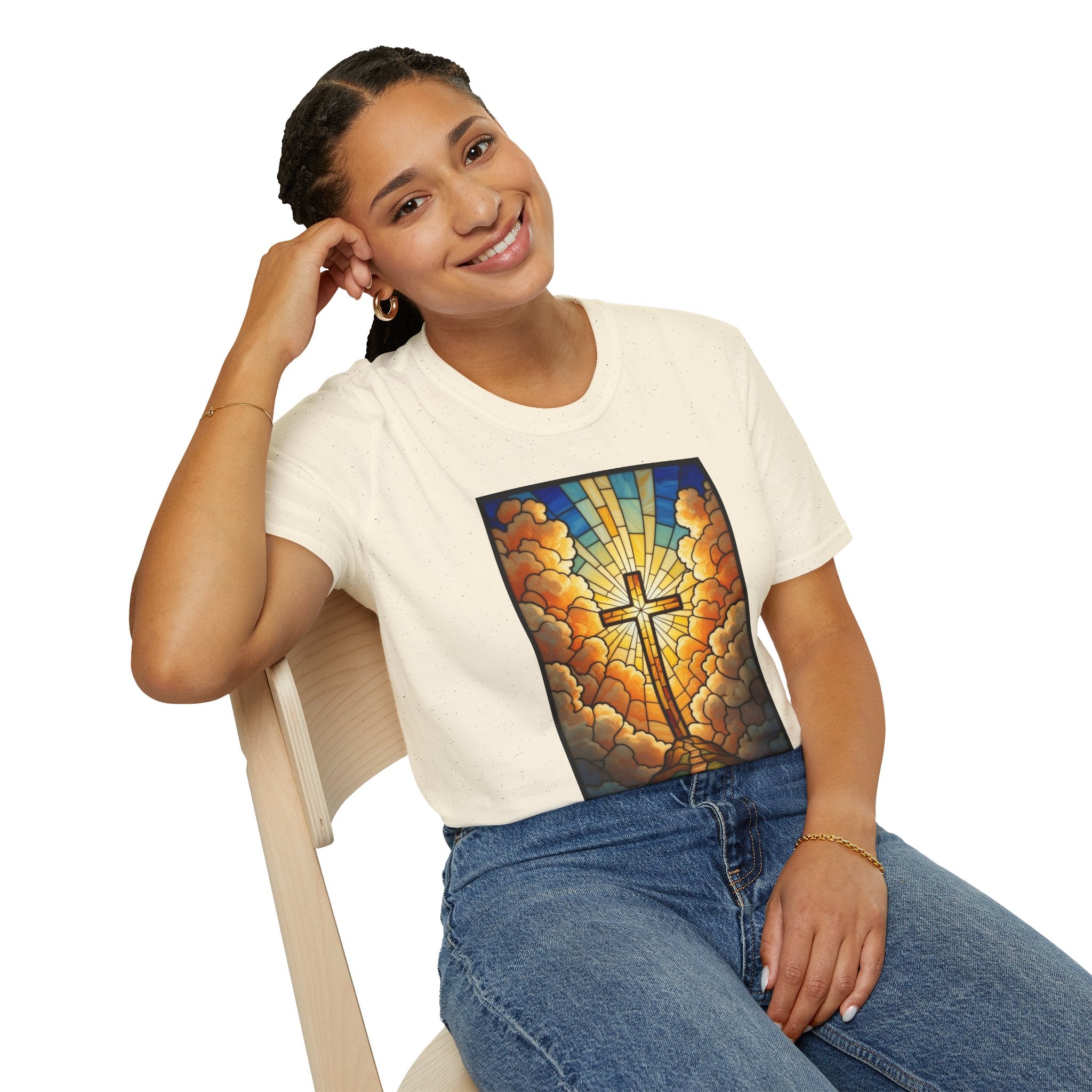 Christian Cross T-Shirt — Stained Glass Sunrise Faith Tee