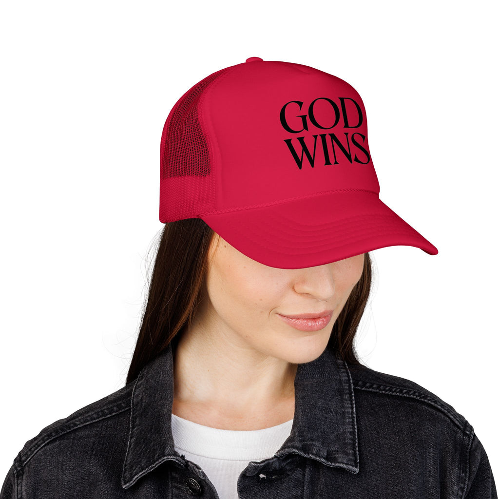God Wins Trucker Hat — Christian Message Foam Mesh Cap