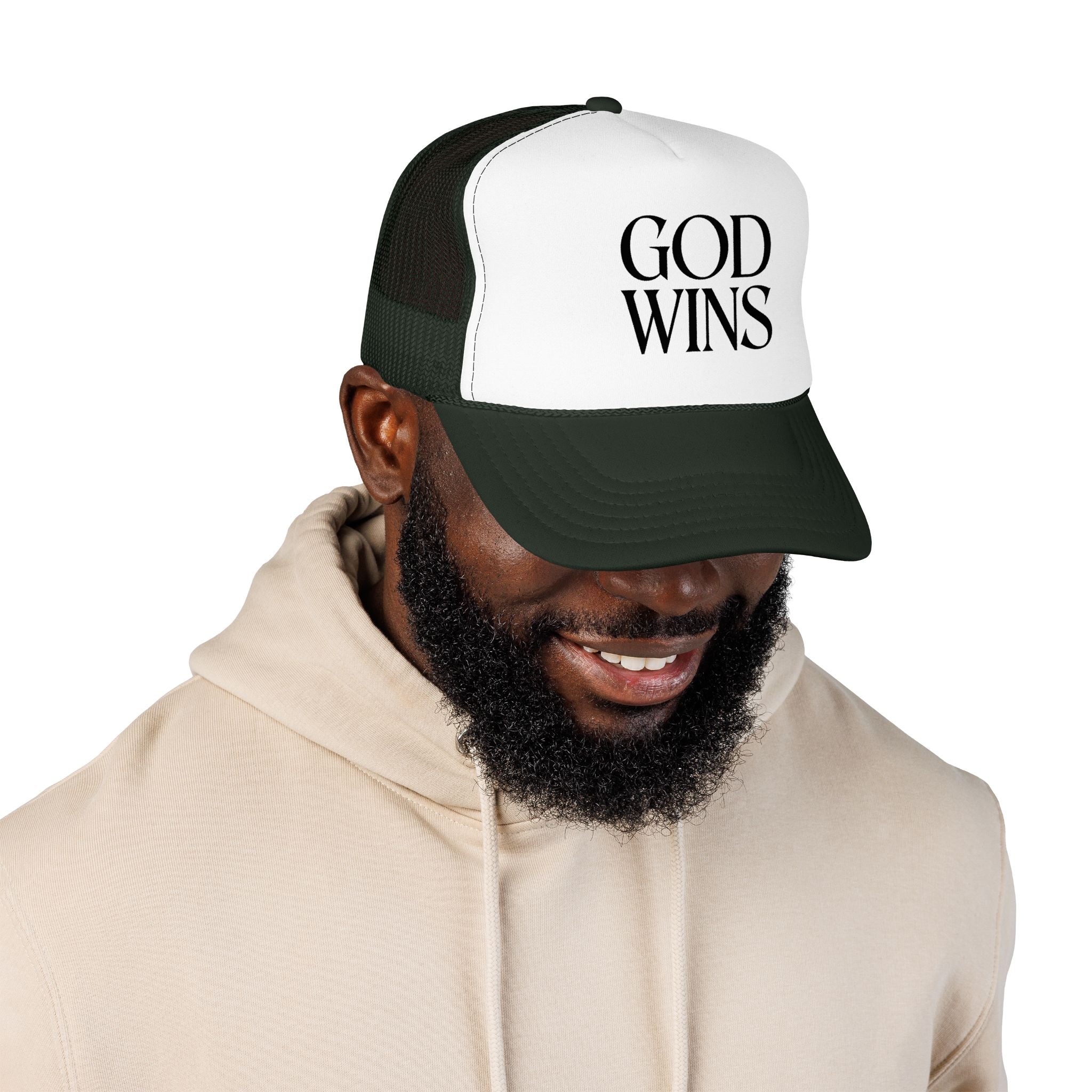 God Wins Trucker Hat — Christian Message Foam Mesh Cap