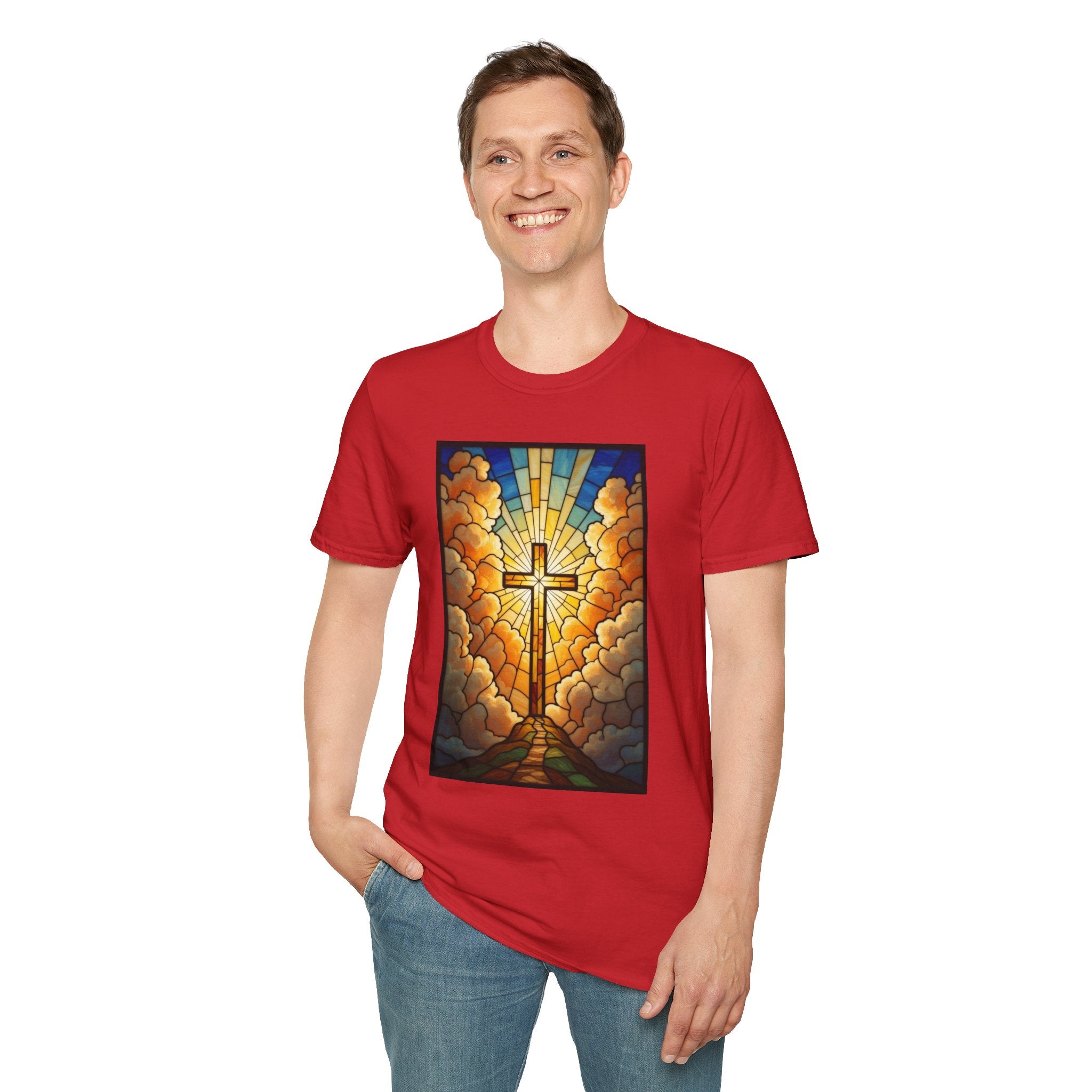 Christian Cross T-Shirt — Stained Glass Sunrise Faith Tee