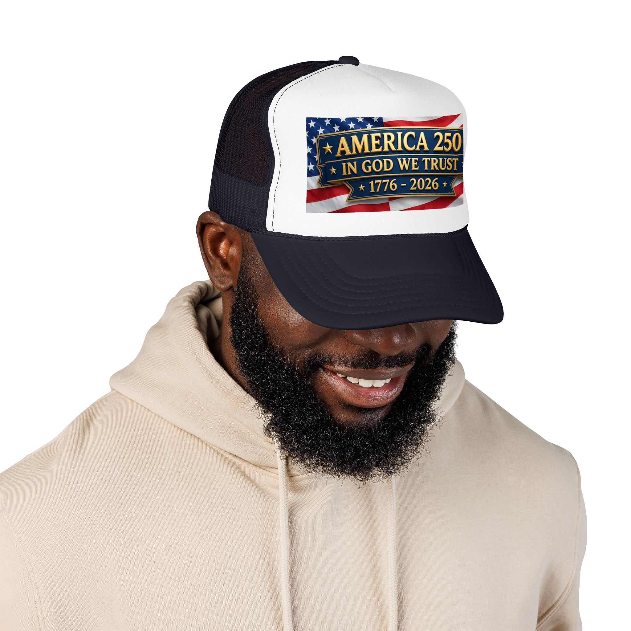 Trucker Hat — Multiple Colors “America 250 • In God We Trust • 1776–2026” Patriotic Flag Foam Cap