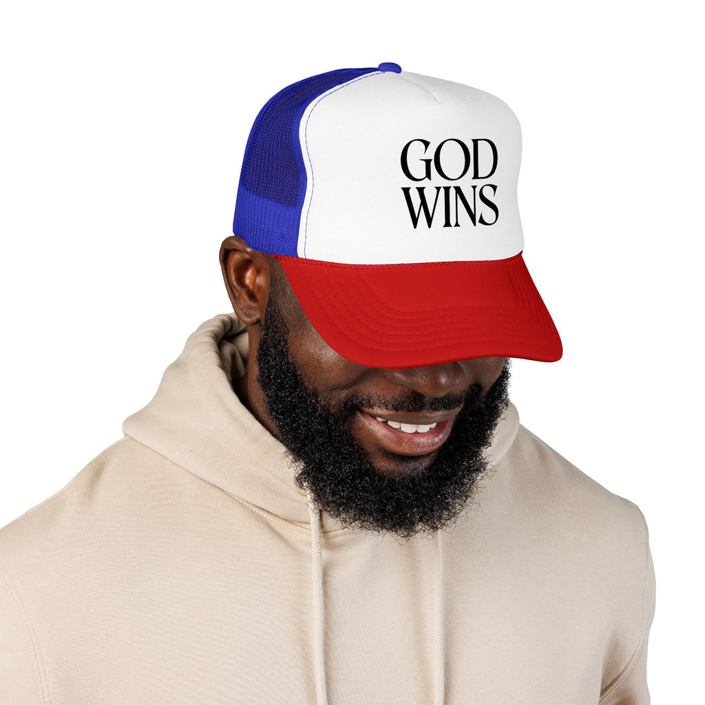 God Wins Trucker Hat — Christian Message Foam Mesh Cap