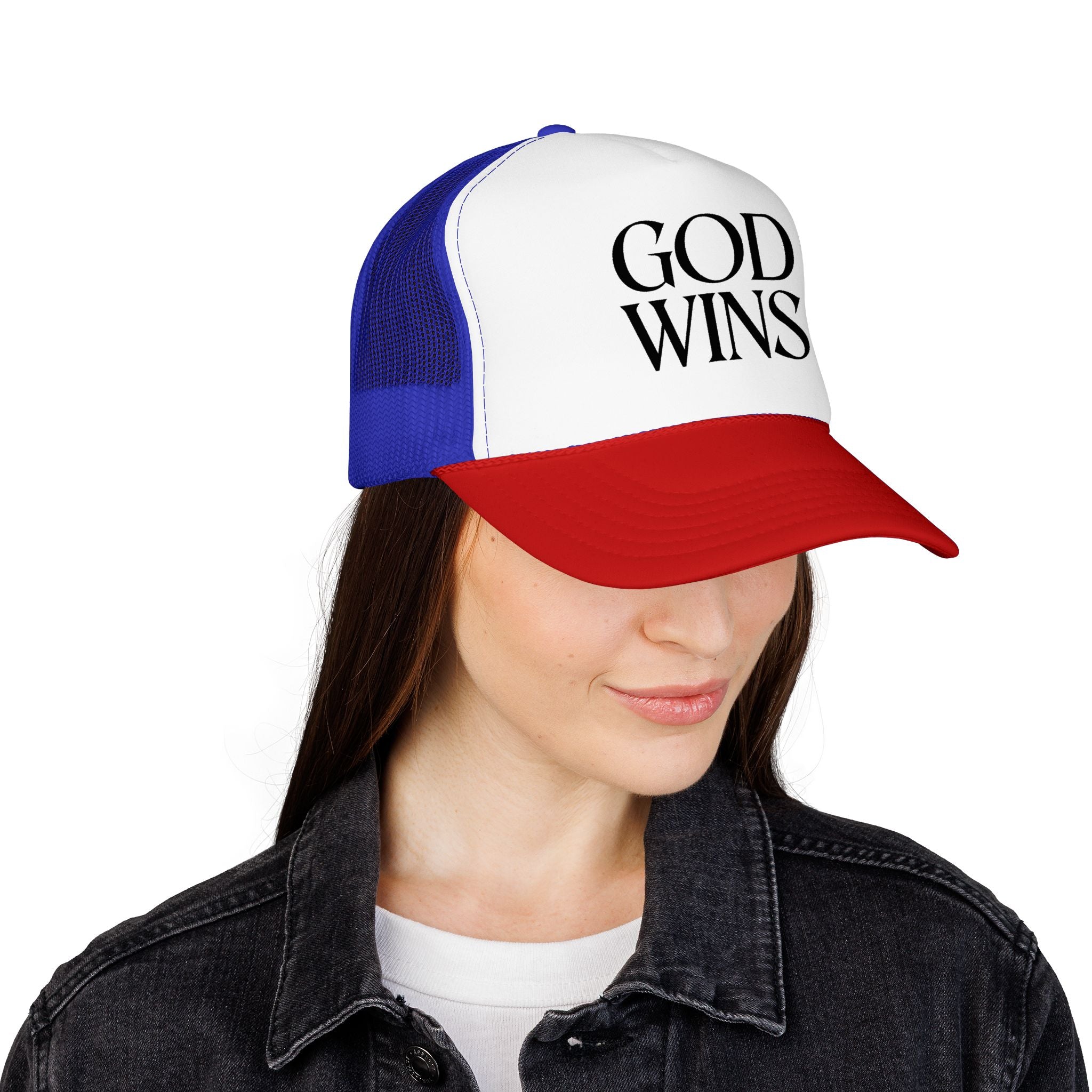 God Wins Trucker Hat — Christian Message Foam Mesh Cap