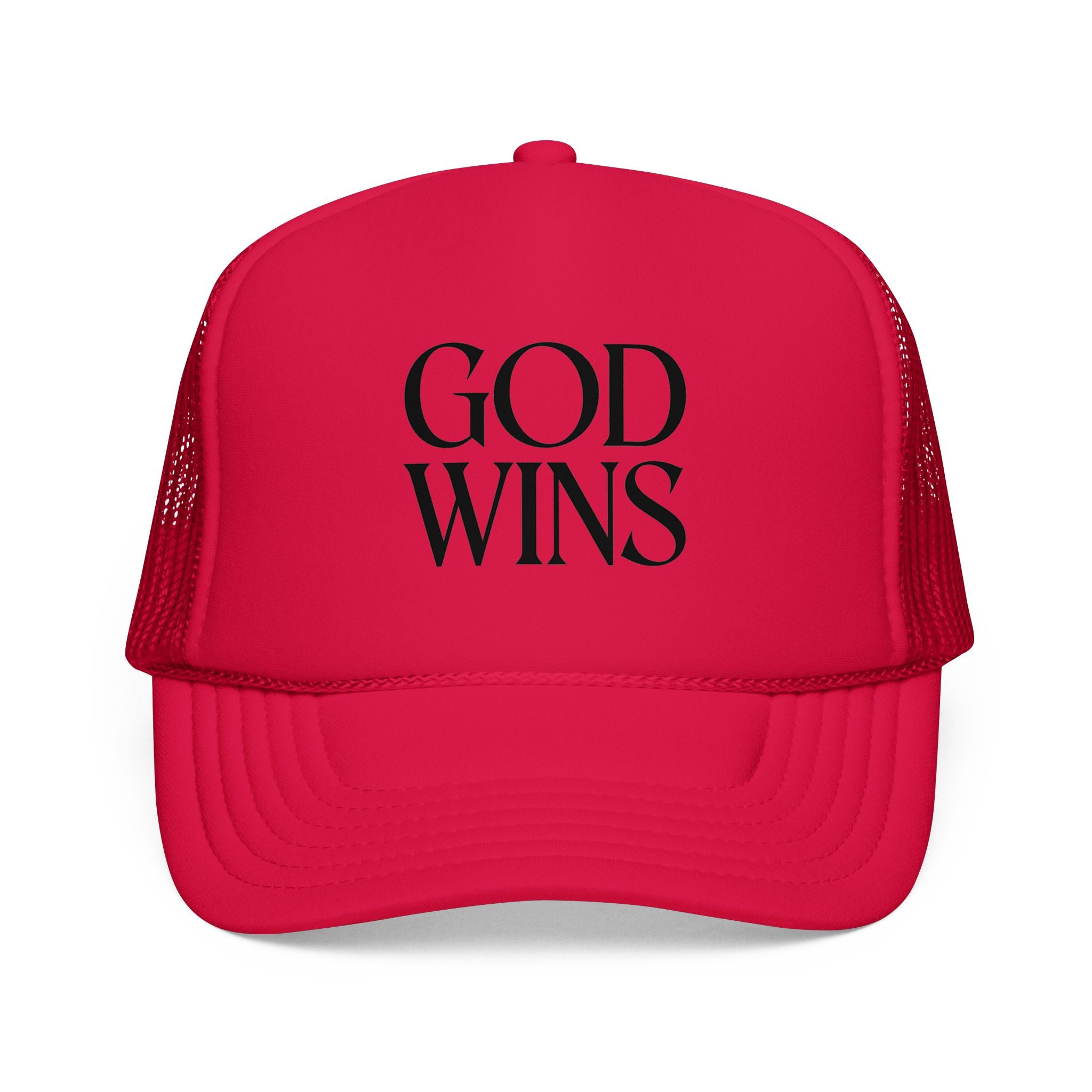 God Wins Trucker Hat — Christian Message Foam Mesh Cap
