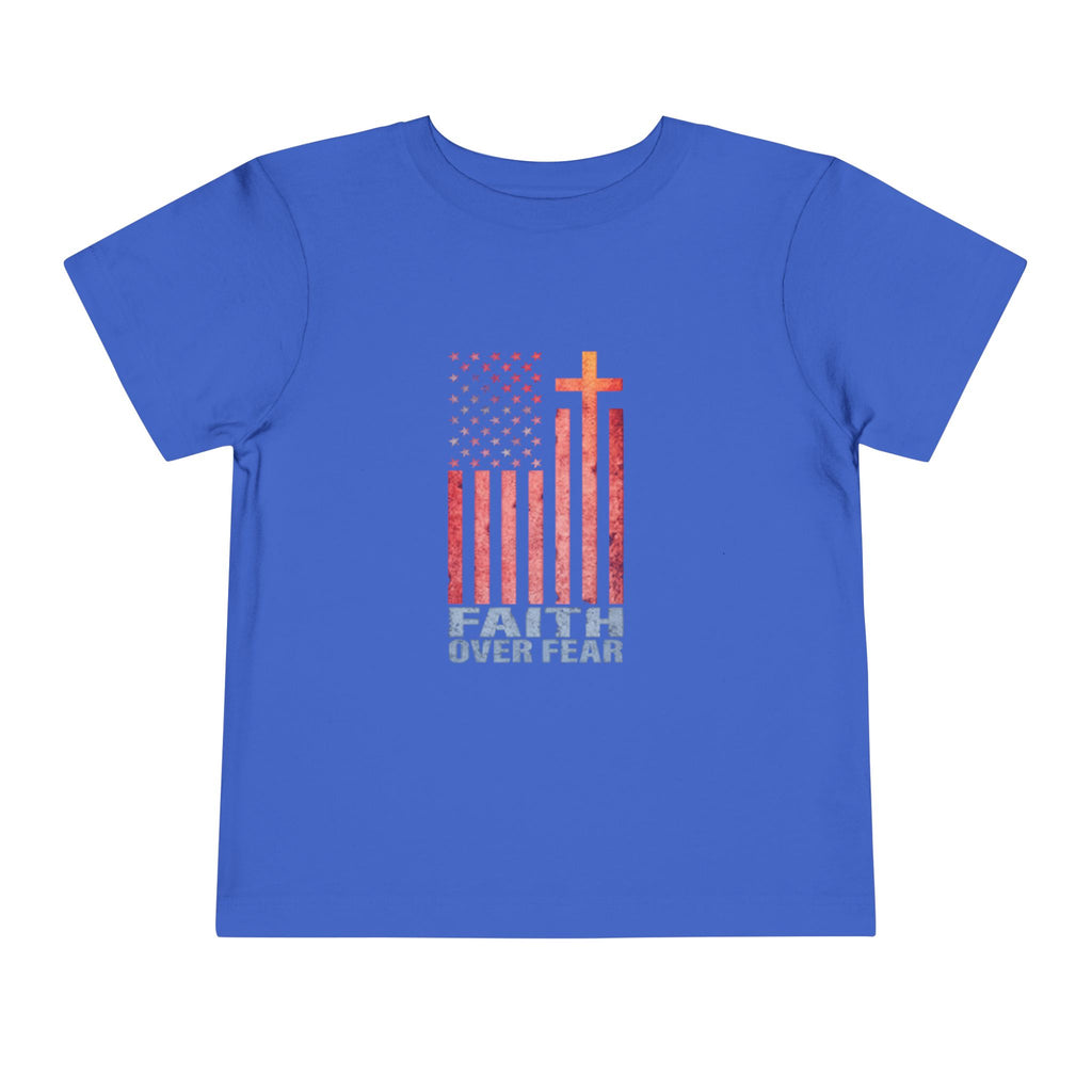 Toddler Tee — "Faith Over Fear" American Flag Cross Graphic