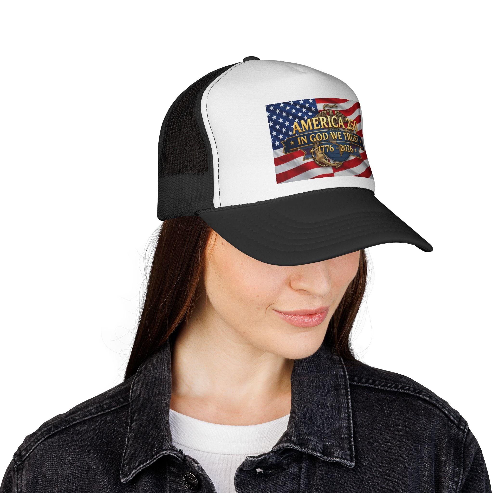 Trucker Cap - "Semper Fidelis America 250 In God We Trust 1776-2026" Vintage Flag Design