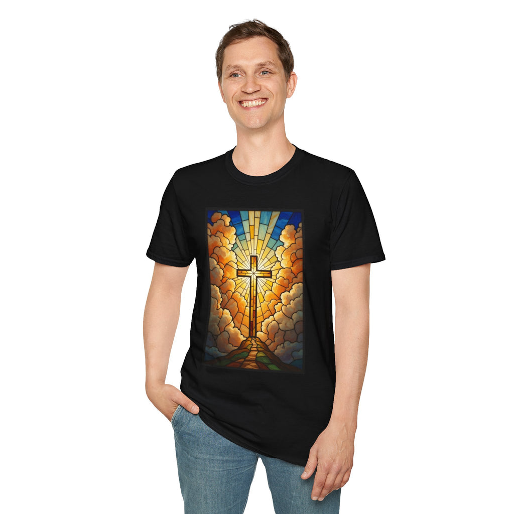 Christian Cross T-Shirt — Stained Glass Sunrise Faith Tee