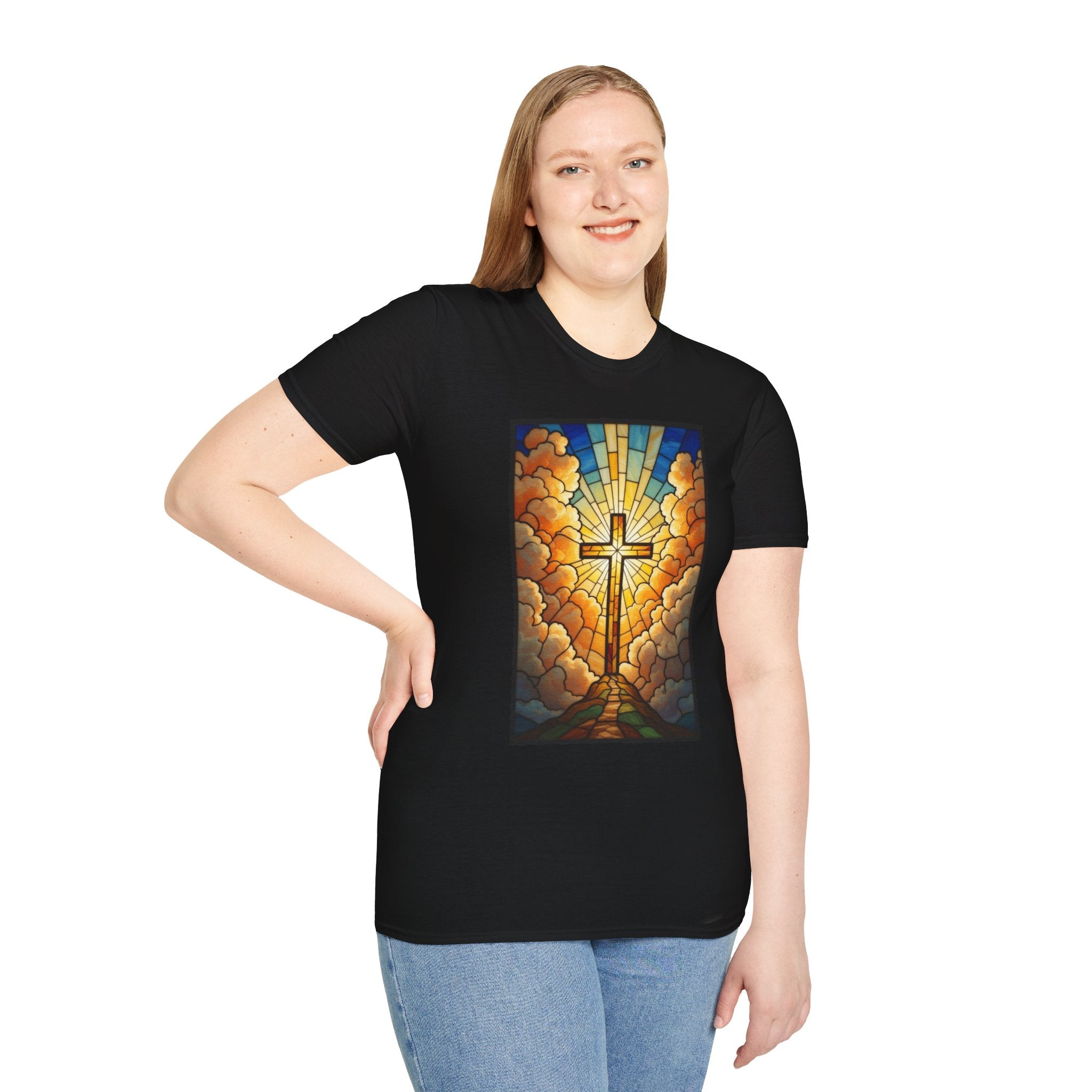 Christian Cross T-Shirt — Stained Glass Sunrise Faith Tee