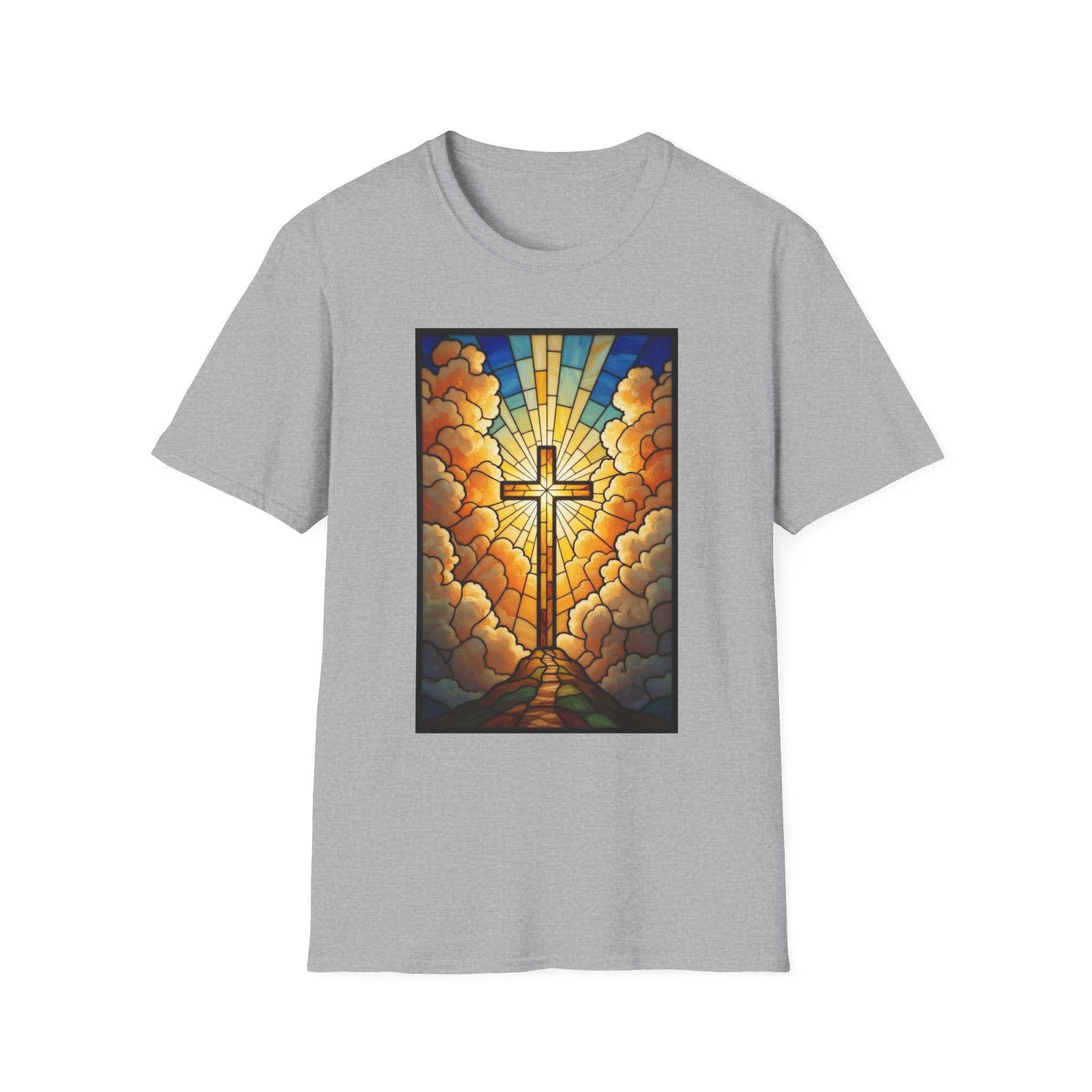 Christian Cross T-Shirt — Stained Glass Sunrise Faith Tee