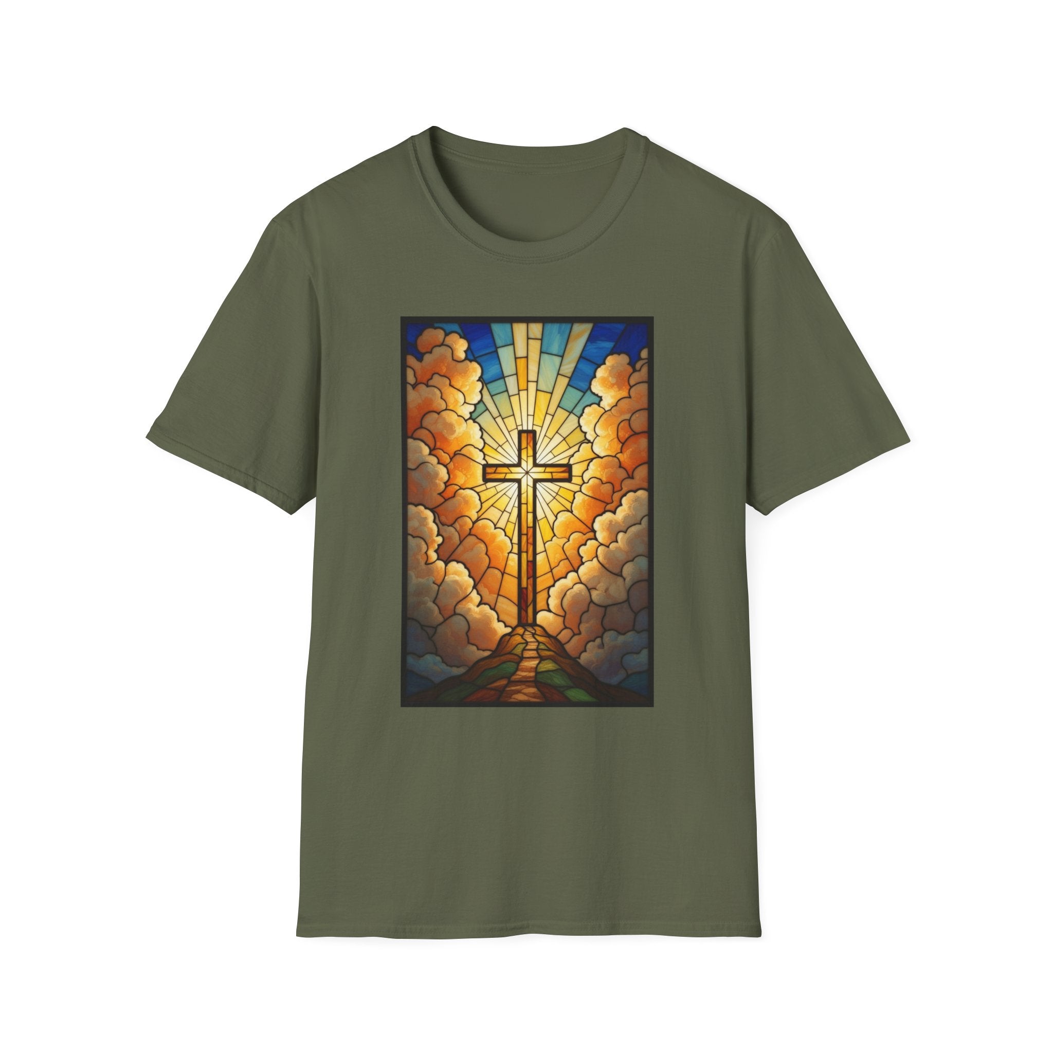 Christian Cross T-Shirt — Stained Glass Sunrise Faith Tee