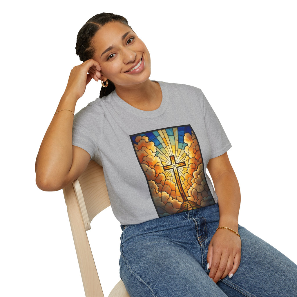 Christian Cross T-Shirt — Stained Glass Sunrise Faith Tee