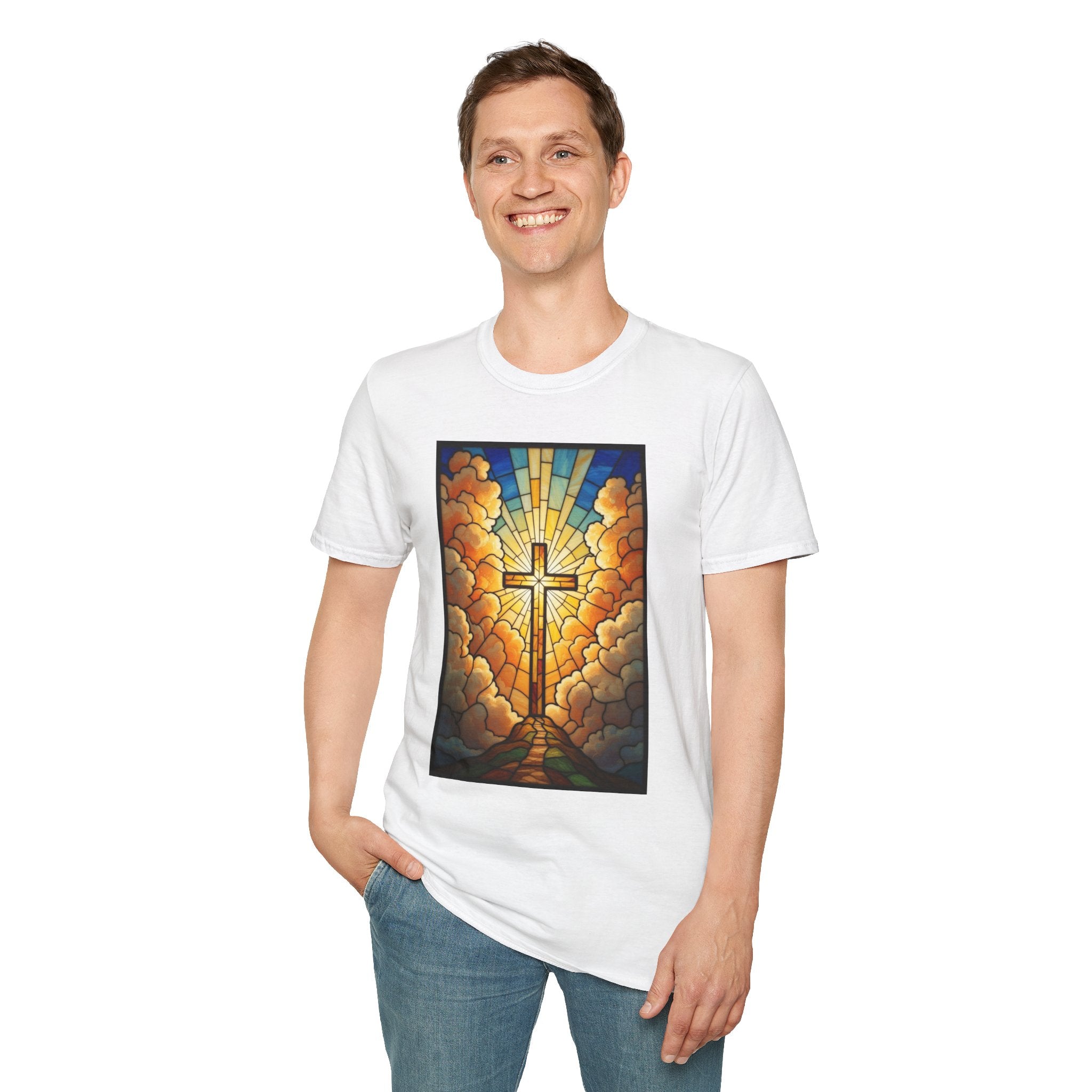 Christian Cross T-Shirt — Stained Glass Sunrise Faith Tee