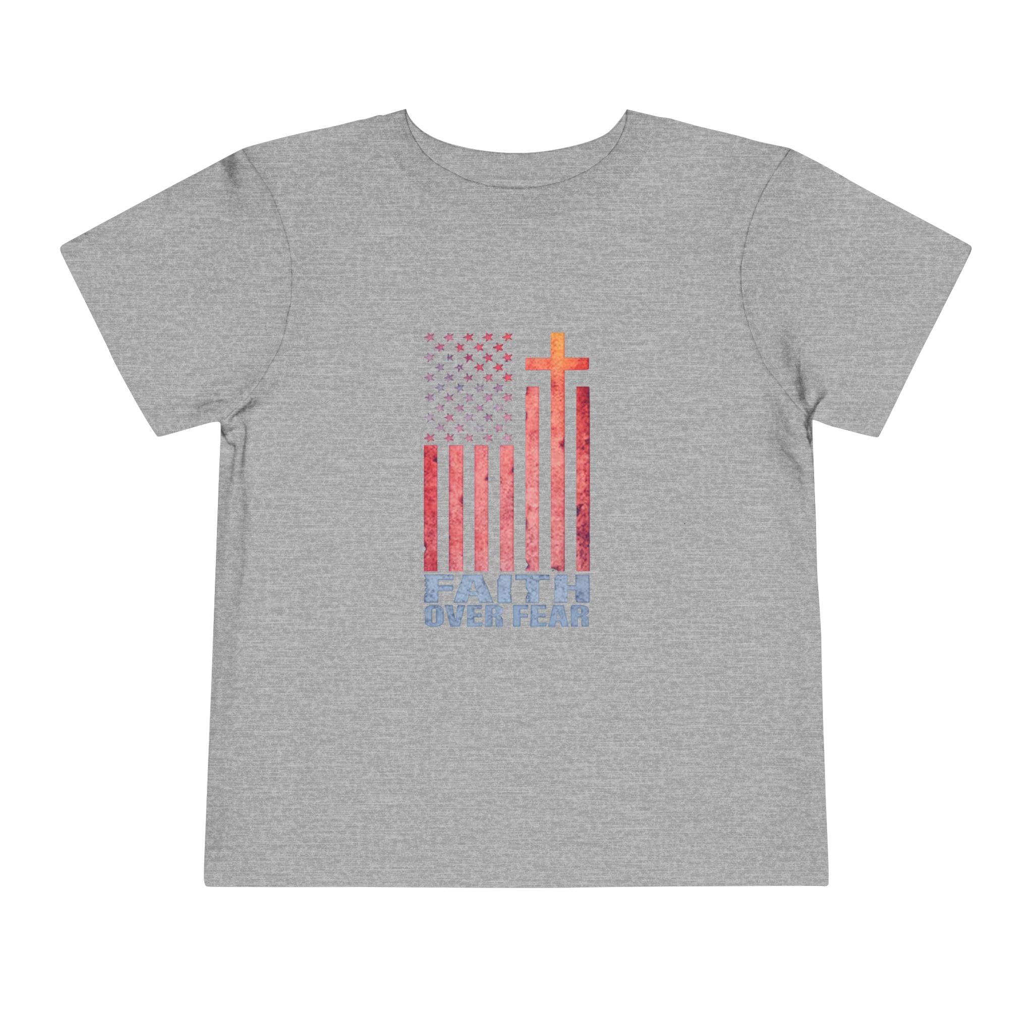 Toddler Tee — "Faith Over Fear" American Flag Cross Graphic