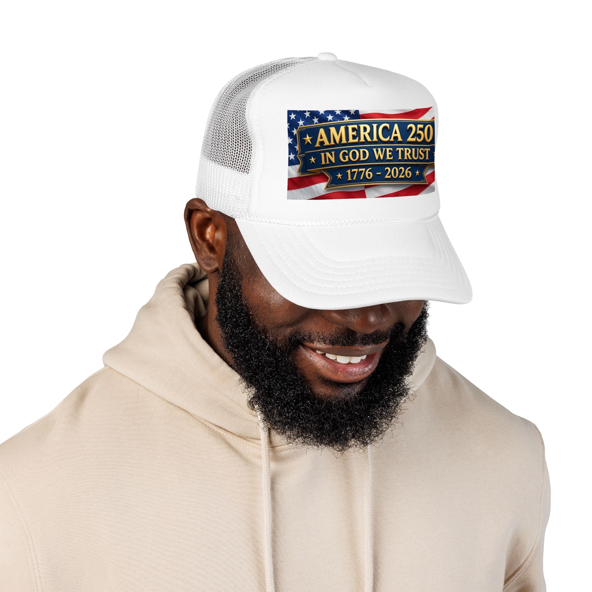 Trucker Hat — Multiple Colors “America 250 • In God We Trust • 1776–2026” Patriotic Flag Foam Cap