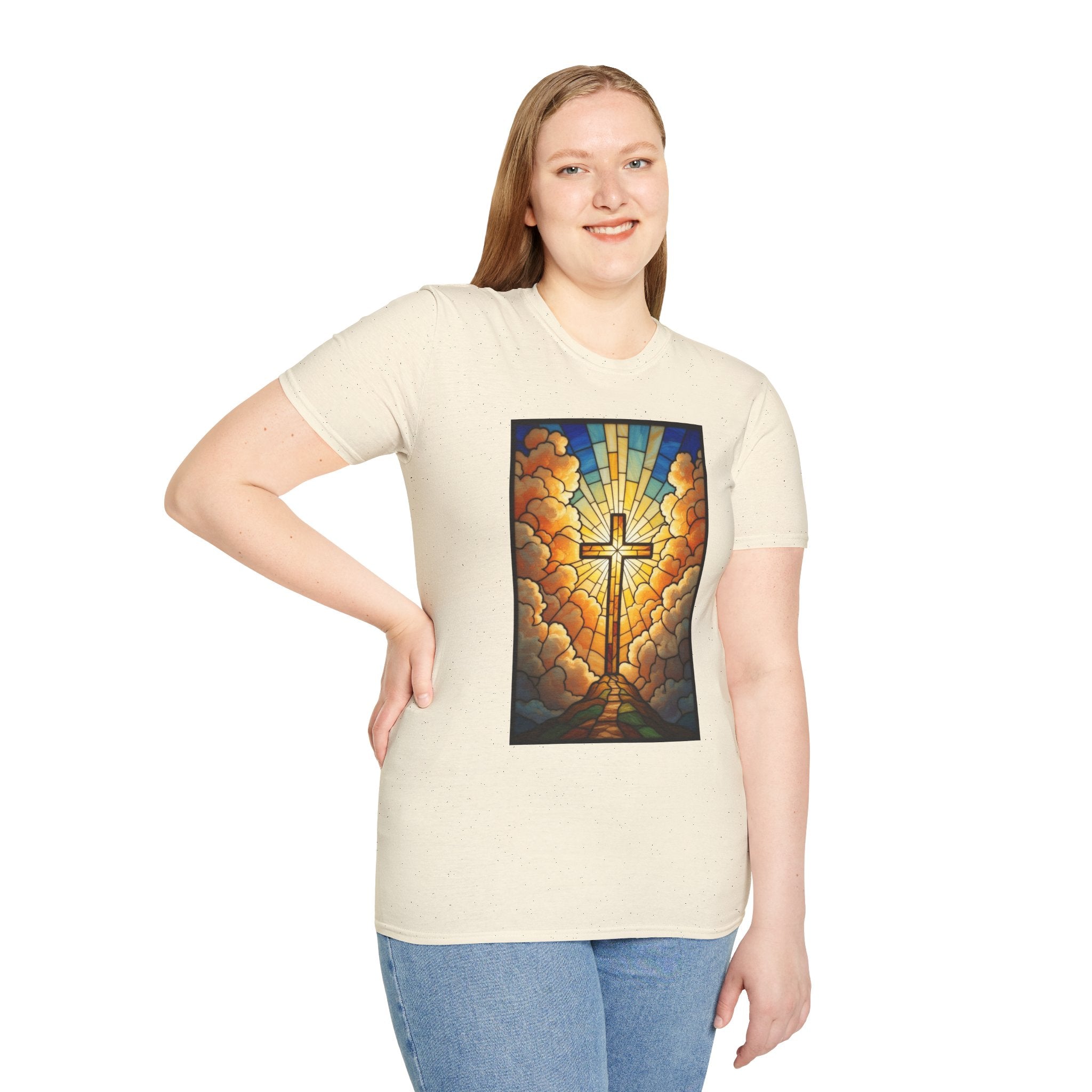 Christian Cross T-Shirt — Stained Glass Sunrise Faith Tee