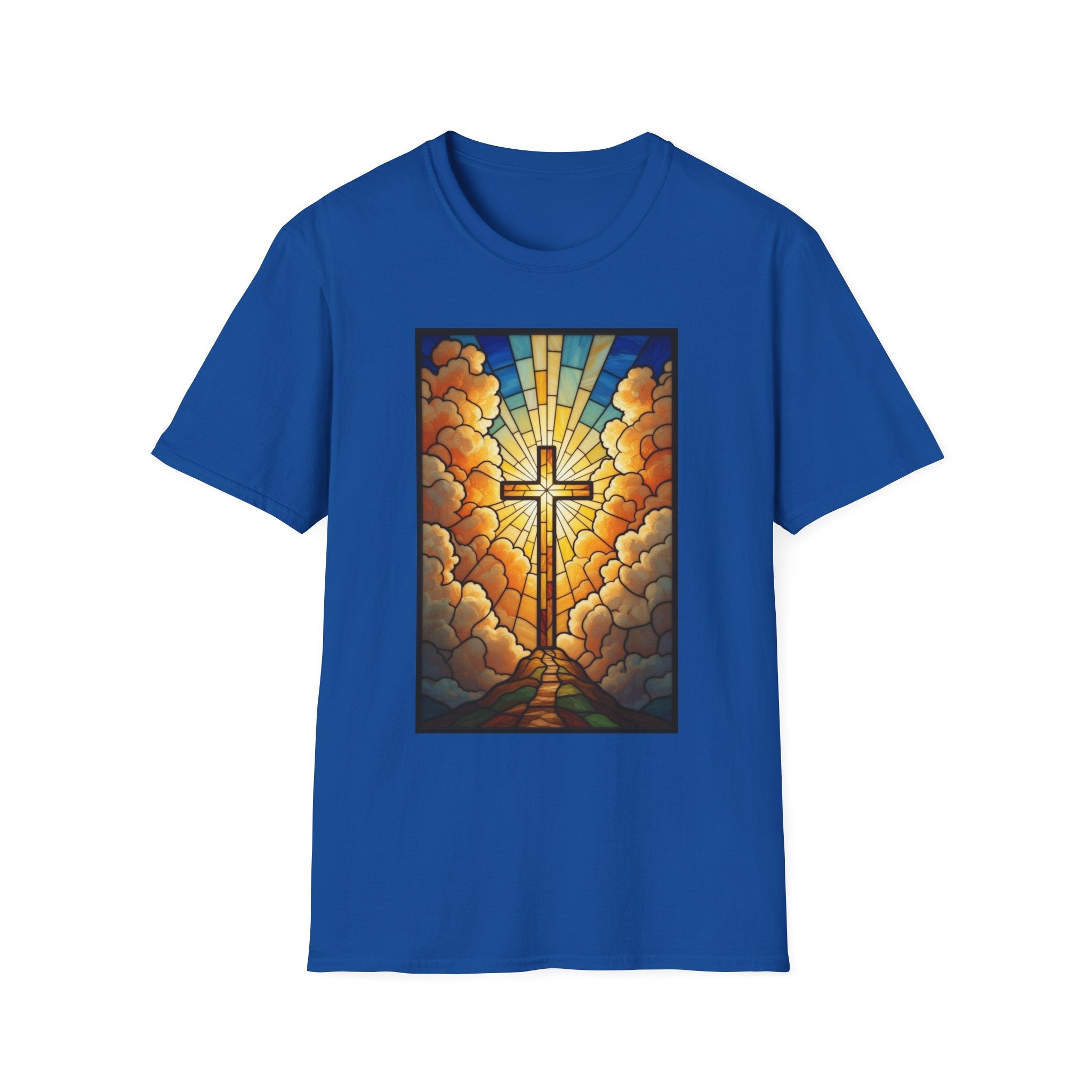 Christian Cross T-Shirt — Stained Glass Sunrise Faith Tee