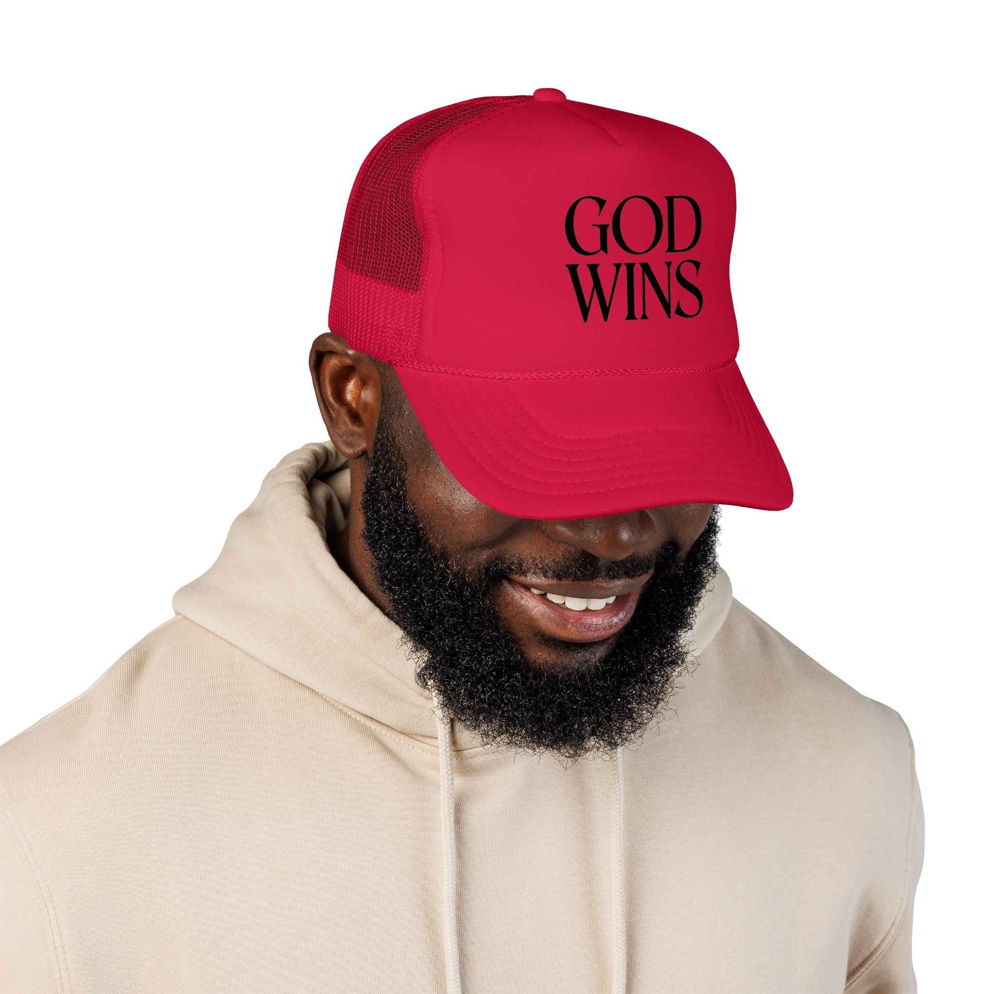 God Wins Trucker Hat — Christian Message Foam Mesh Cap