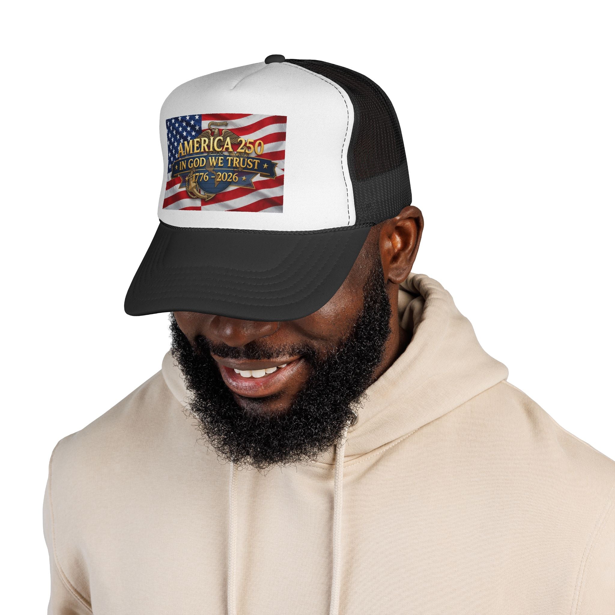 Trucker Cap - "Semper Fidelis America 250 In God We Trust 1776-2026" Vintage Flag Design