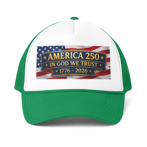 America 250 Trucker Cap - "In God We Trust" Patriotic 1776–2026 Mesh Hat
