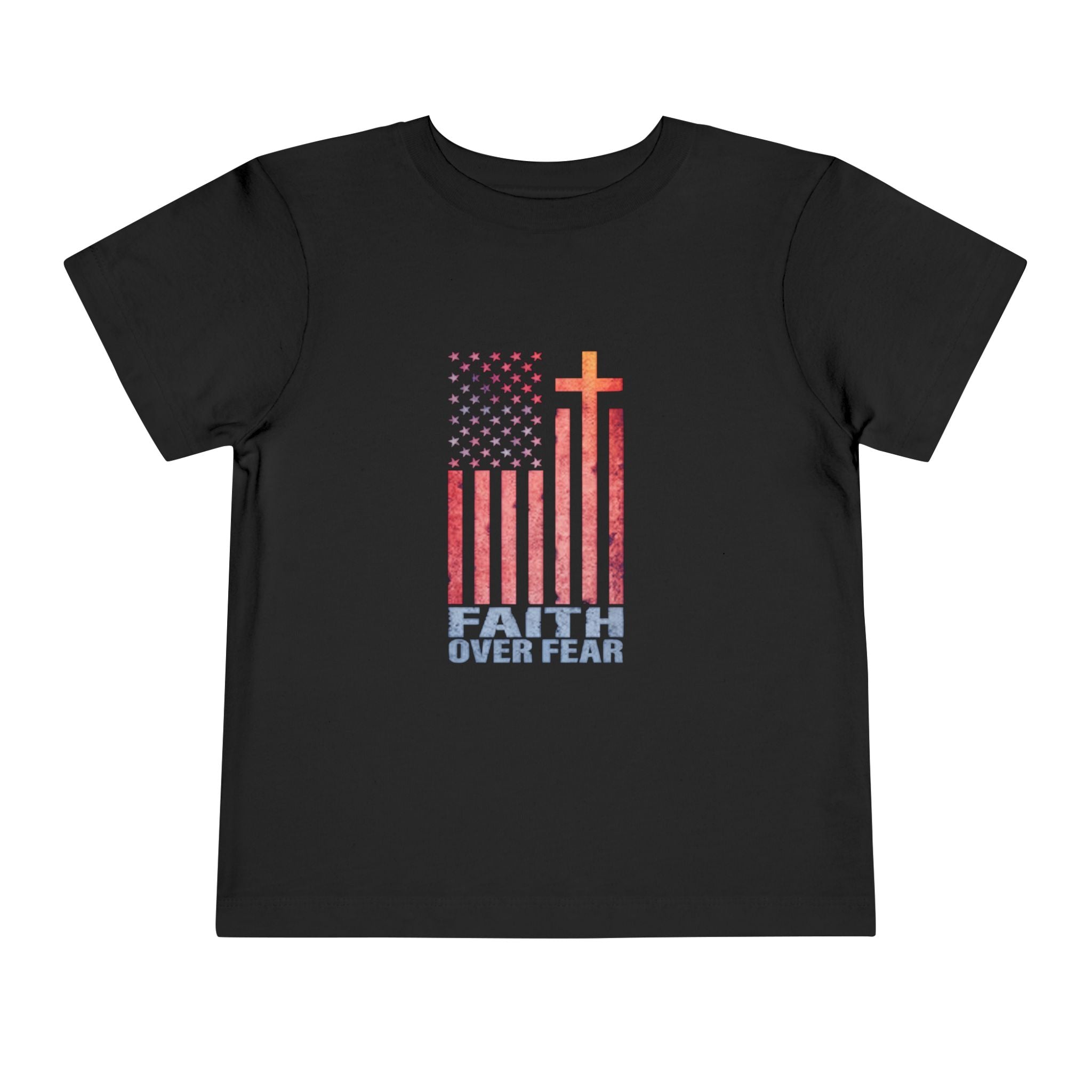Toddler Tee — "Faith Over Fear" American Flag Cross Graphic