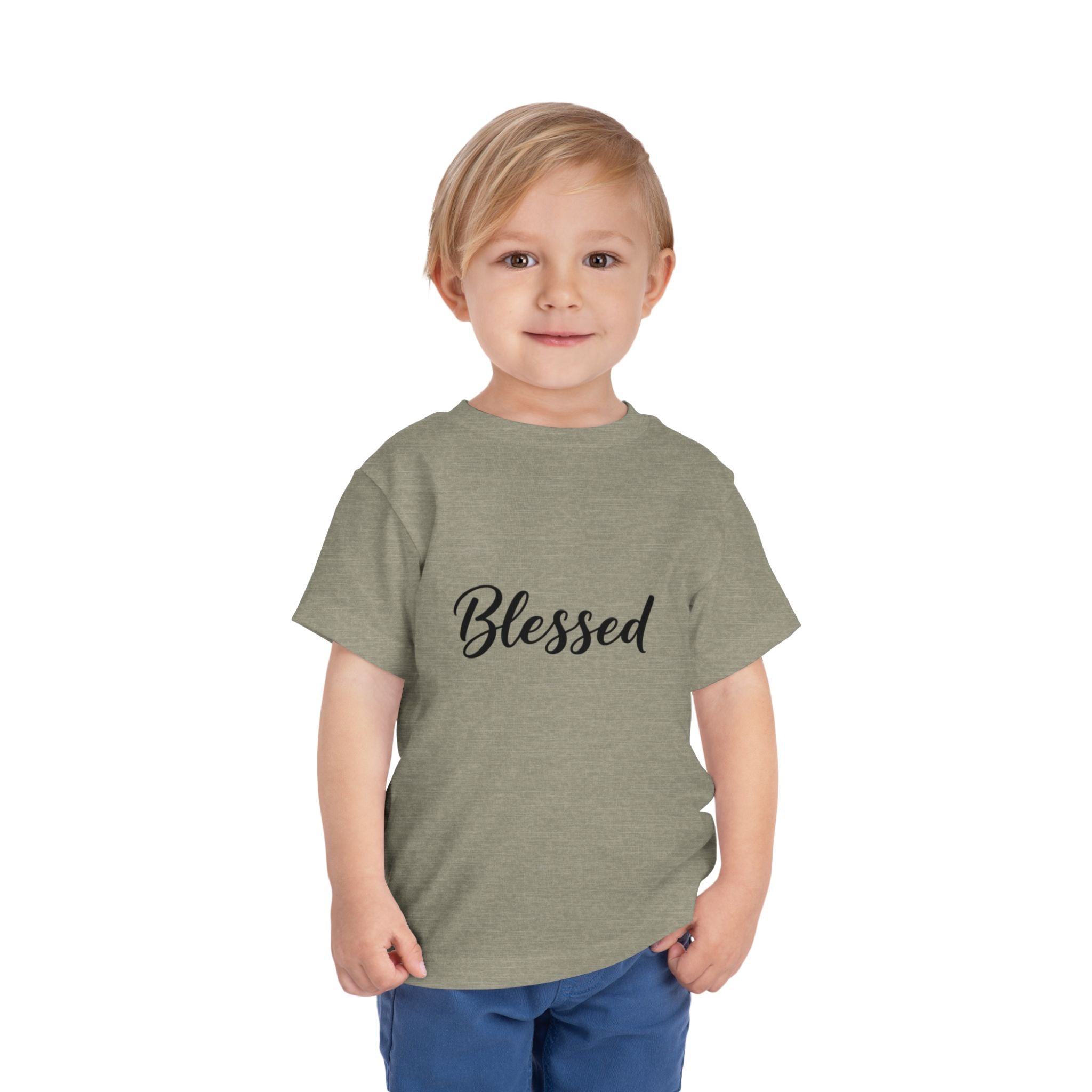 Blessed Toddler Tee — White Short Sleeve Baby Shirt with Script Text
