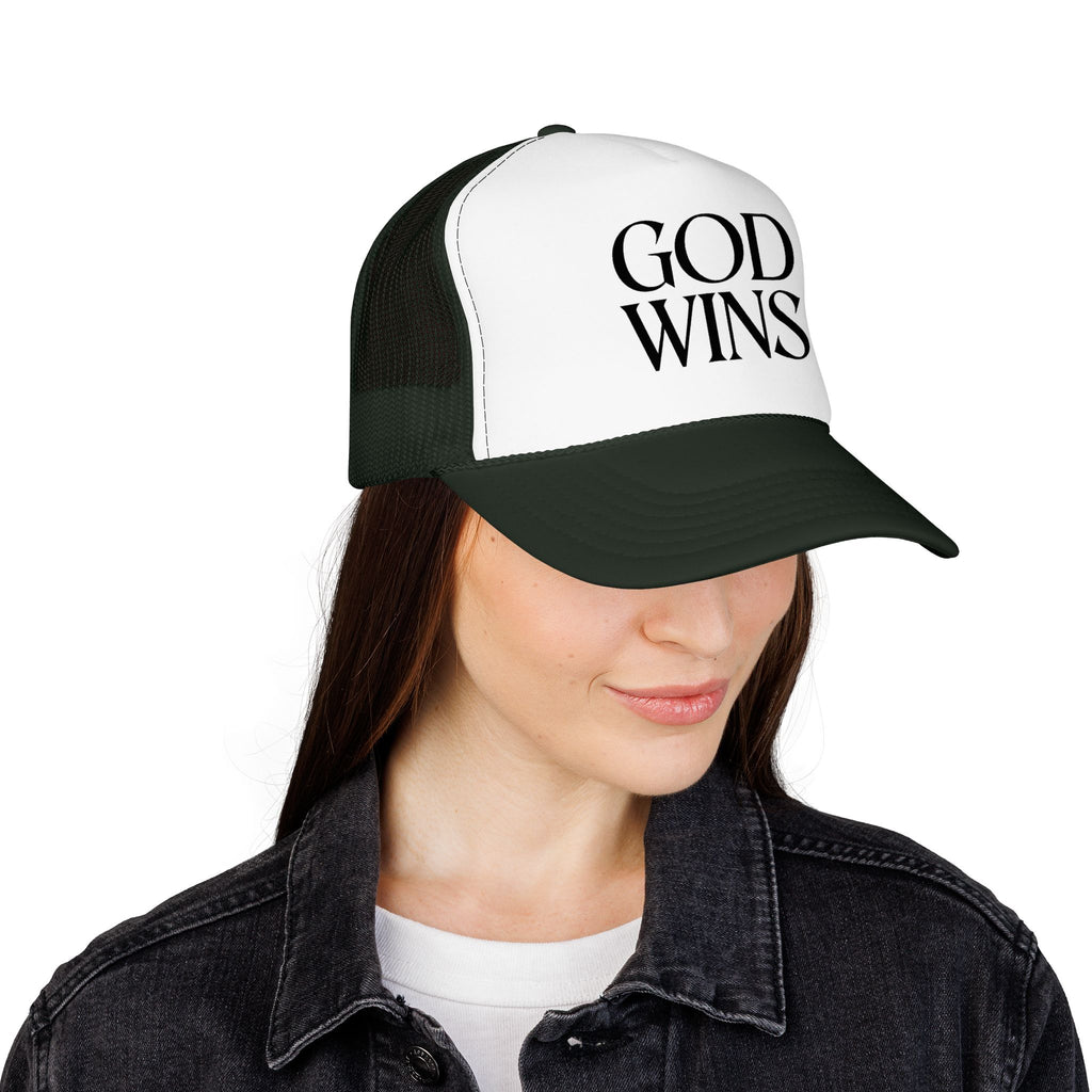 God Wins Trucker Hat — Christian Message Foam Mesh Cap