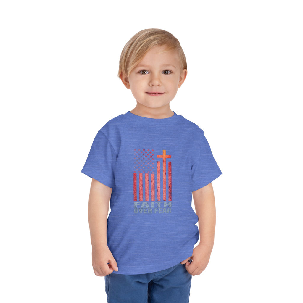 Toddler Tee — "Faith Over Fear" American Flag Cross Graphic