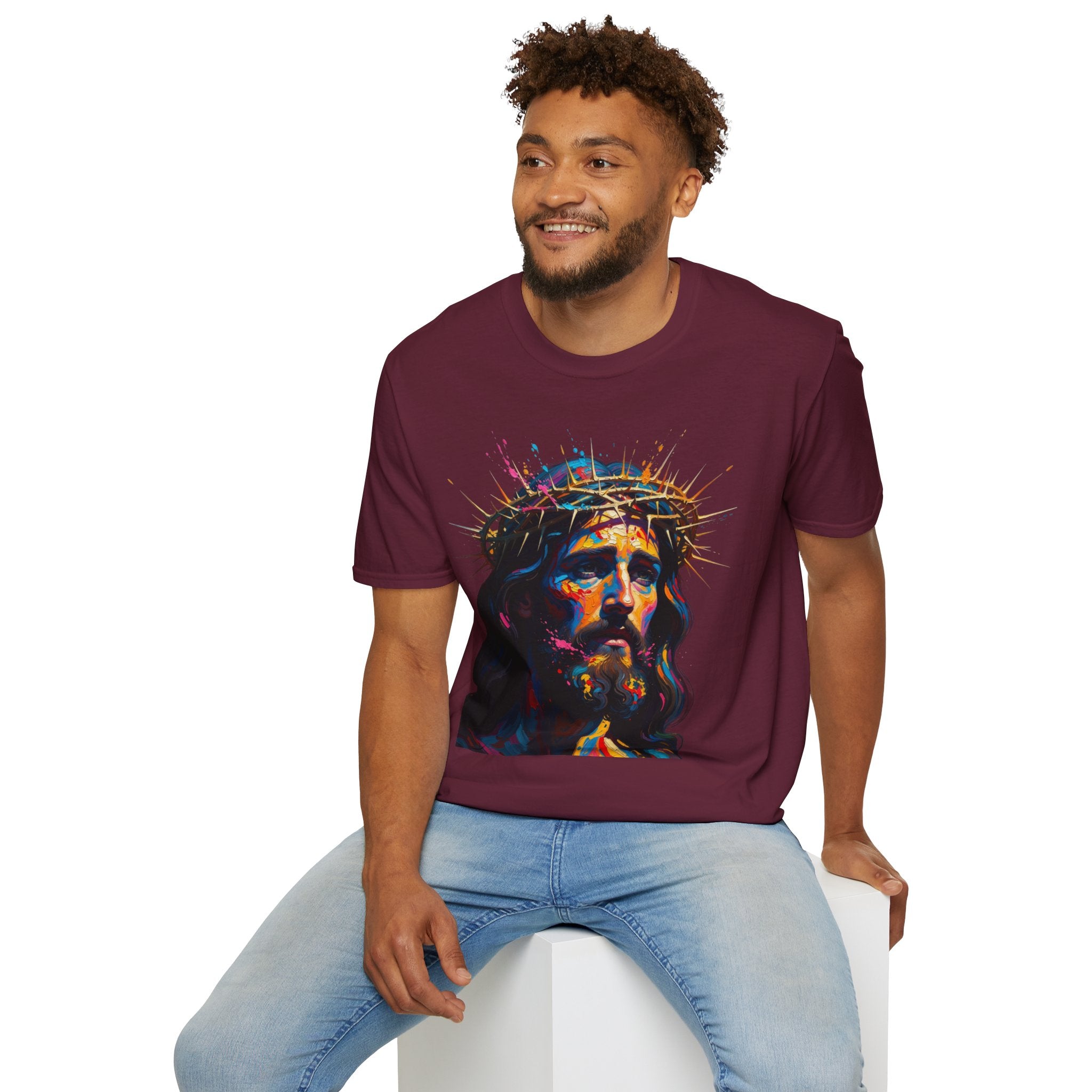 Jesus with Crown of Thorns T-Shirt | Colorful Portrait, Religious Christian Tee