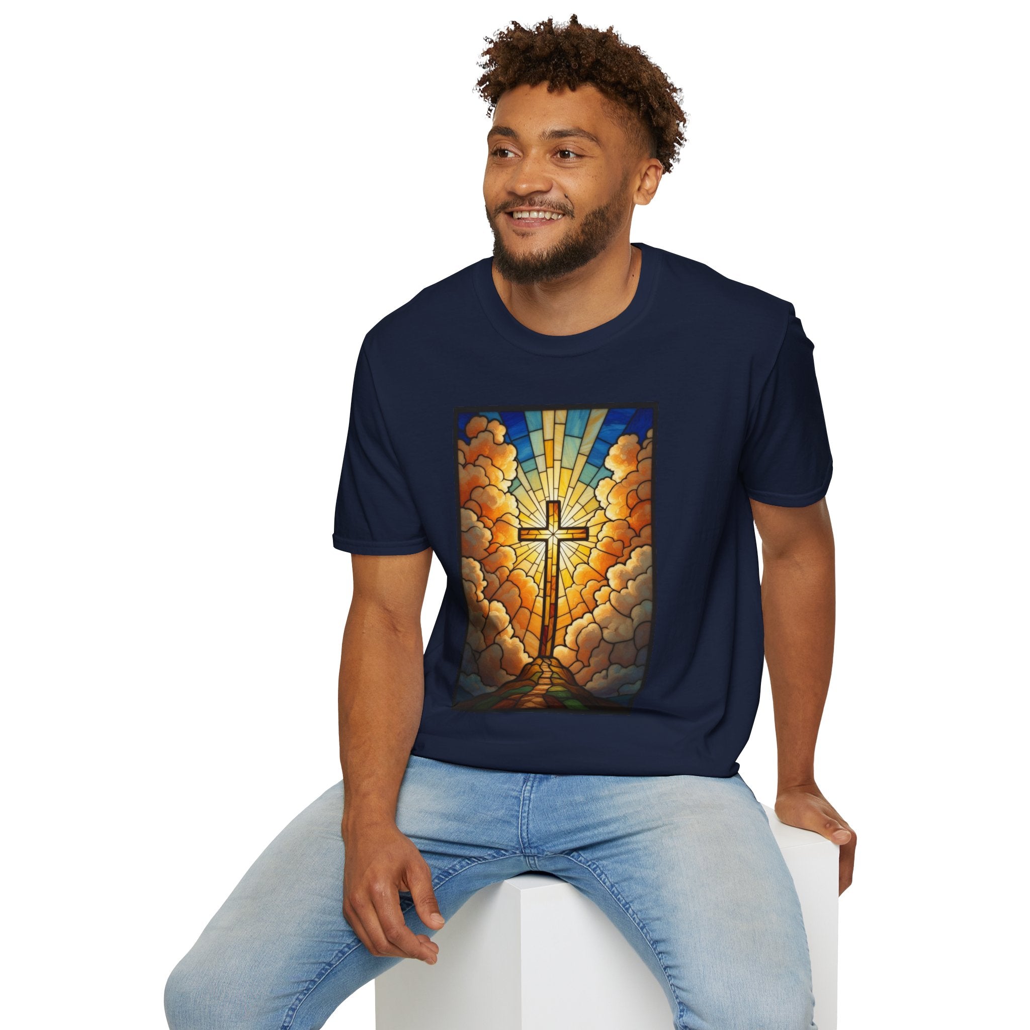 Christian Cross T-Shirt — Stained Glass Sunrise Faith Tee