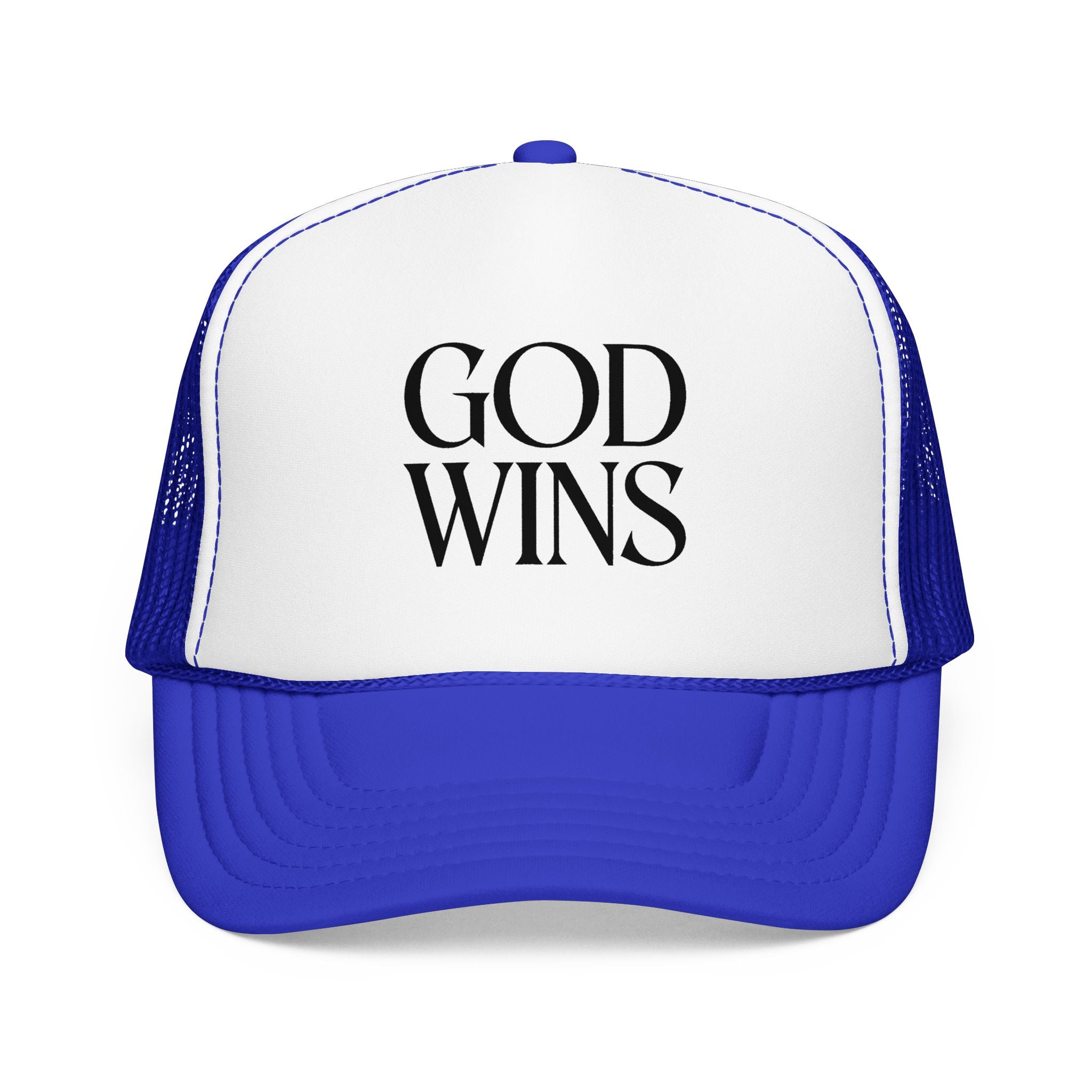 God Wins Trucker Hat — Christian Message Foam Mesh Cap