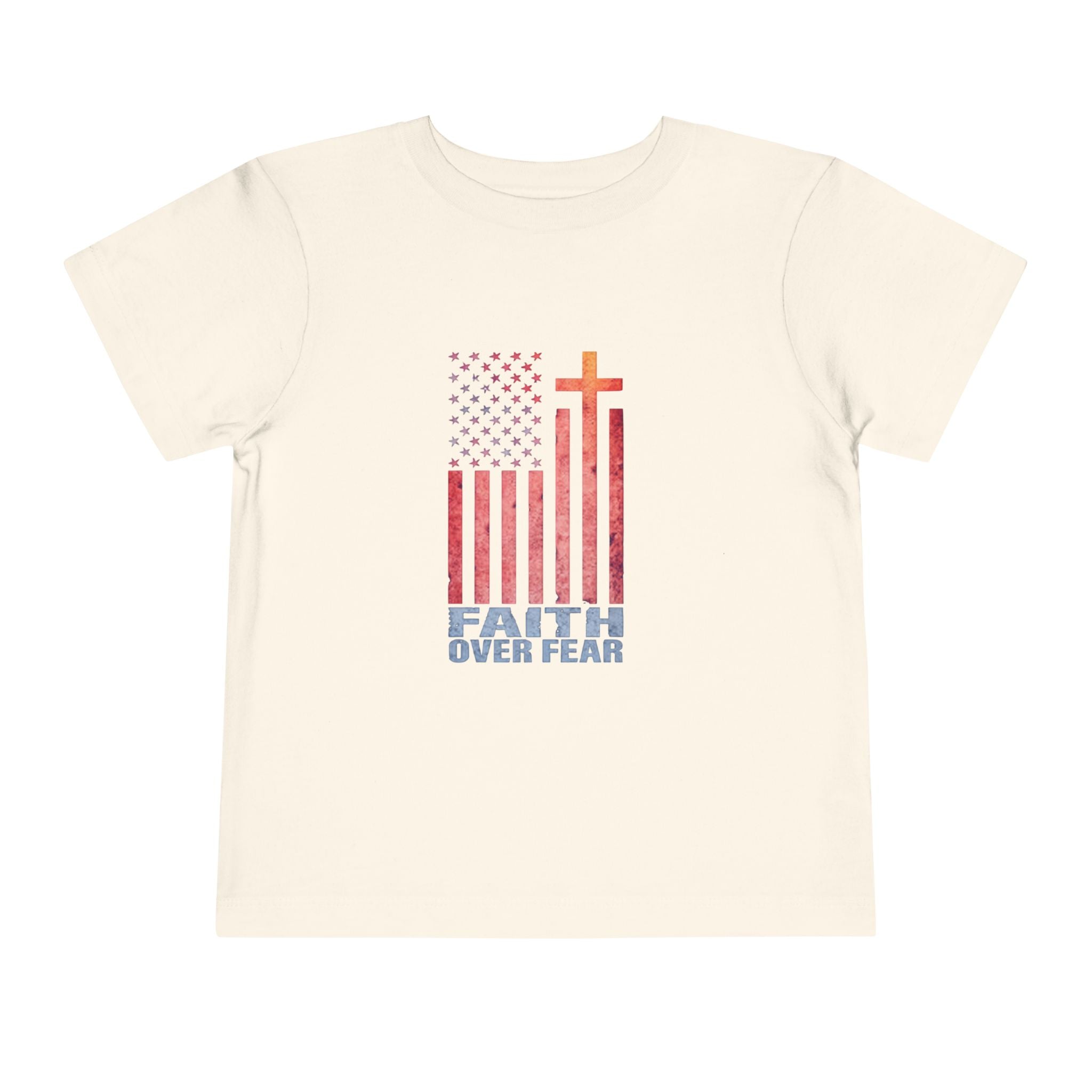 Toddler Tee — "Faith Over Fear" American Flag Cross Graphic