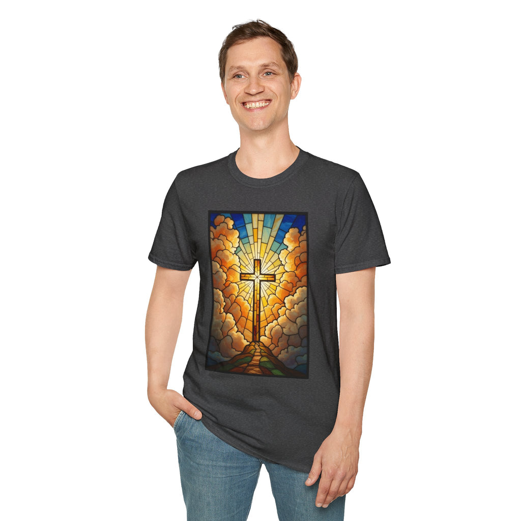 Christian Cross T-Shirt — Stained Glass Sunrise Faith Tee
