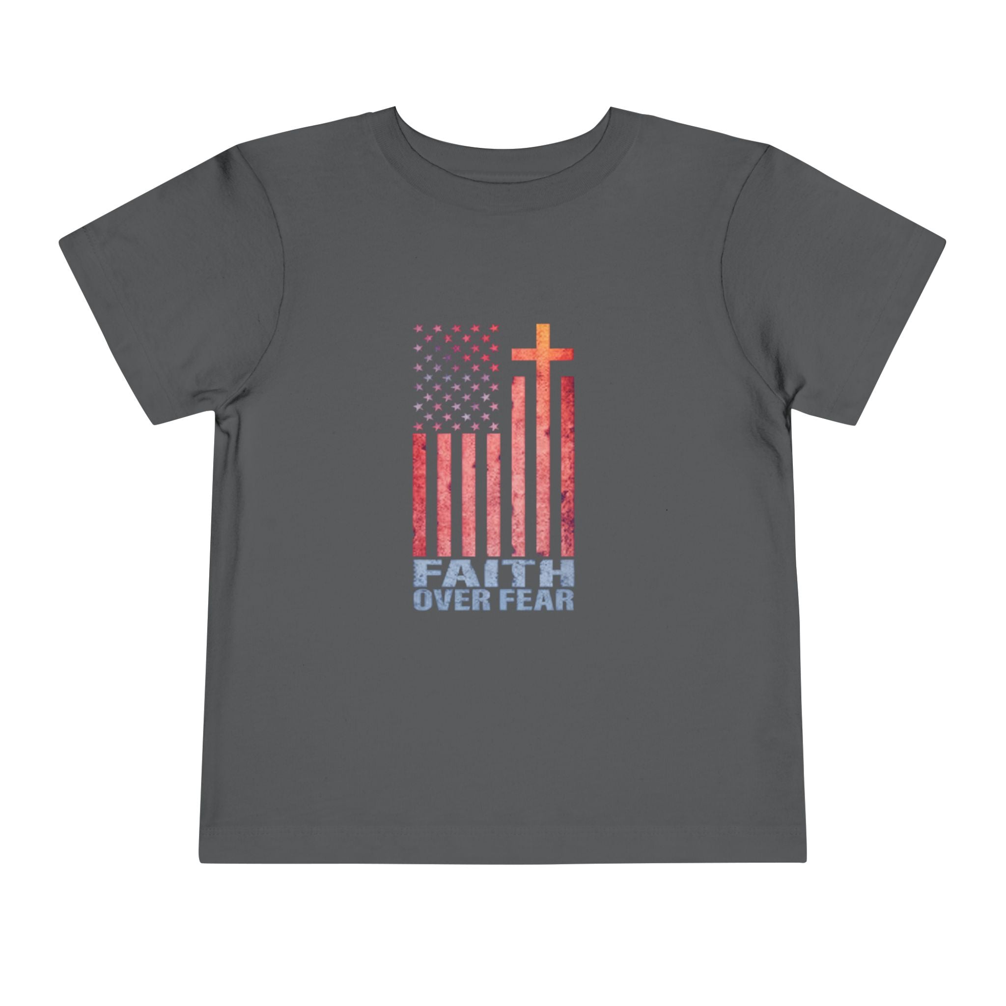 Toddler Tee — "Faith Over Fear" American Flag Cross Graphic