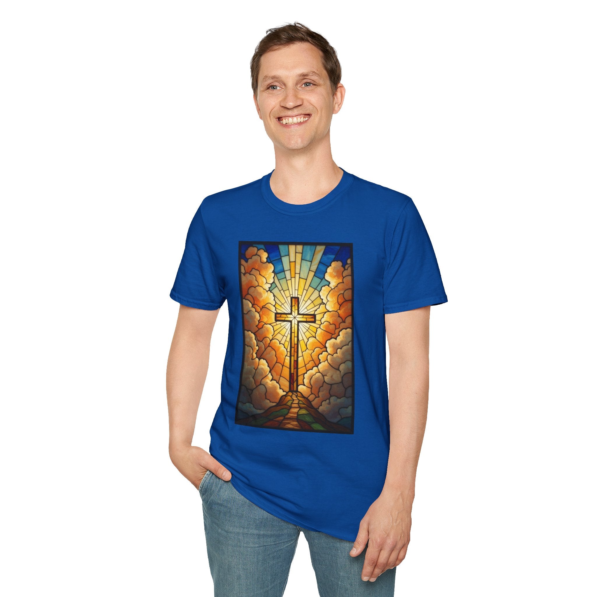 Christian Cross T-Shirt — Stained Glass Sunrise Faith Tee