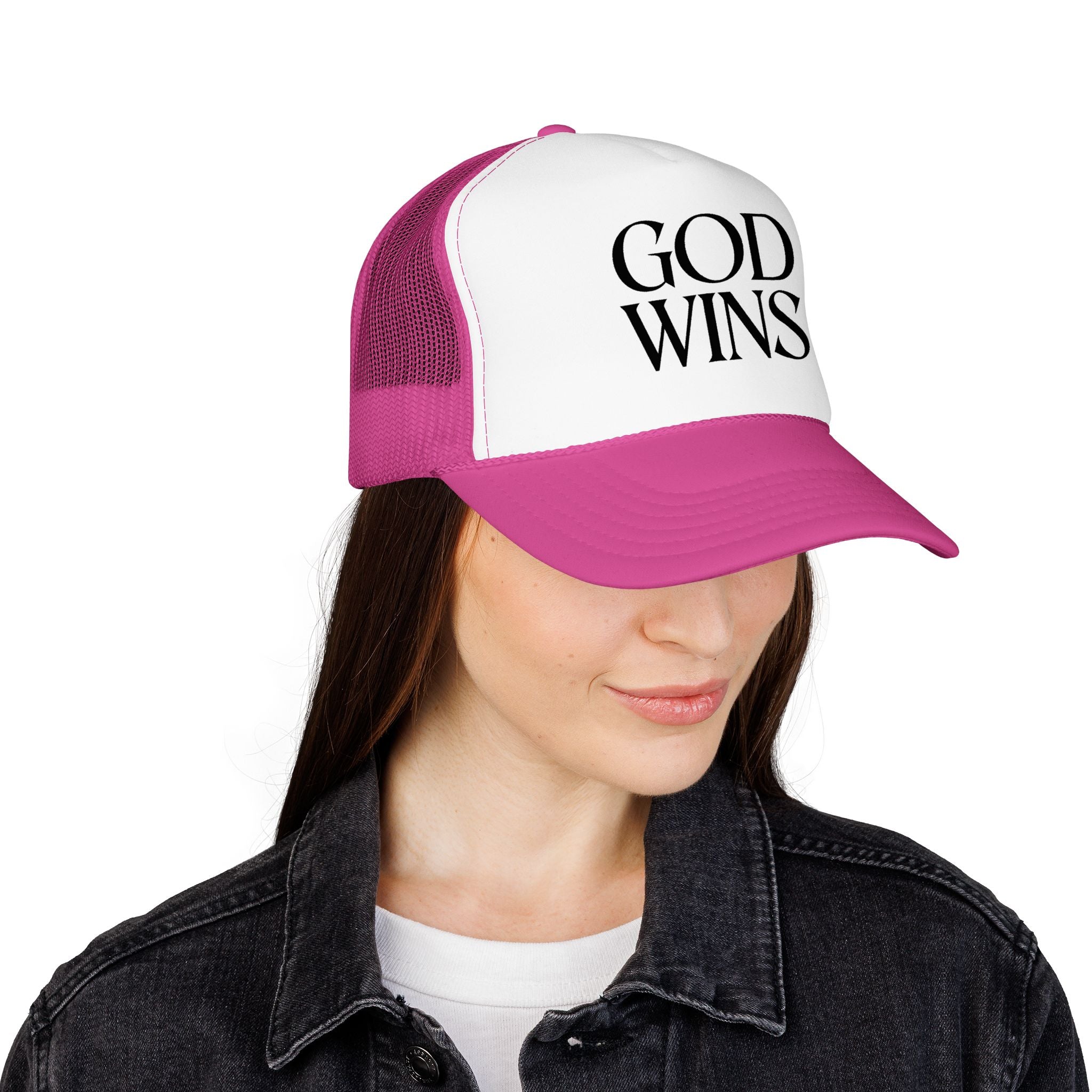 God Wins Trucker Hat — Christian Message Foam Mesh Cap