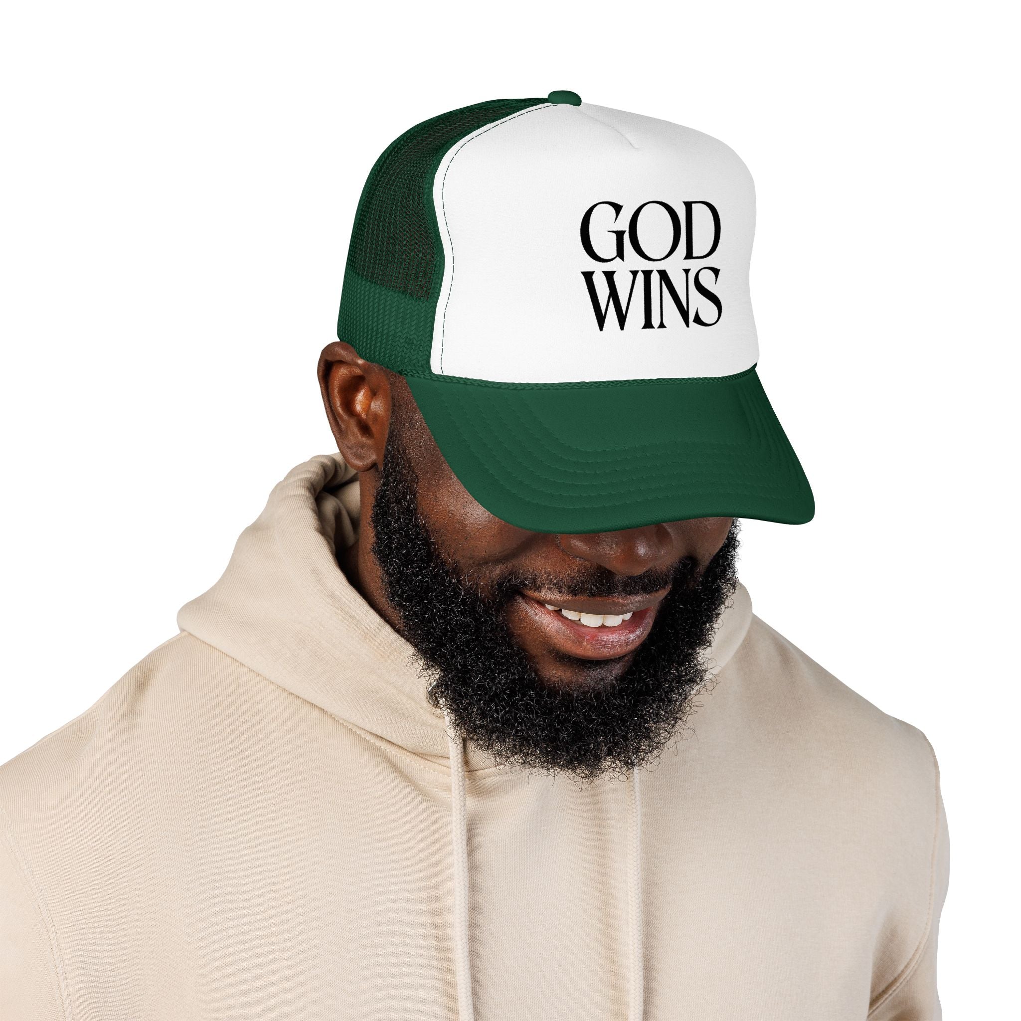 God Wins Trucker Hat — Christian Message Foam Mesh Cap