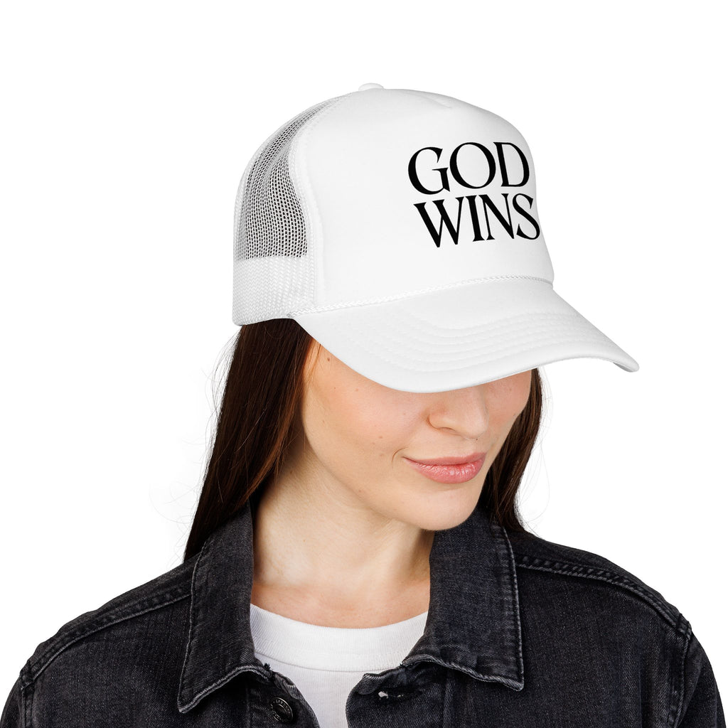 God Wins Trucker Hat — Christian Message Foam Mesh Cap