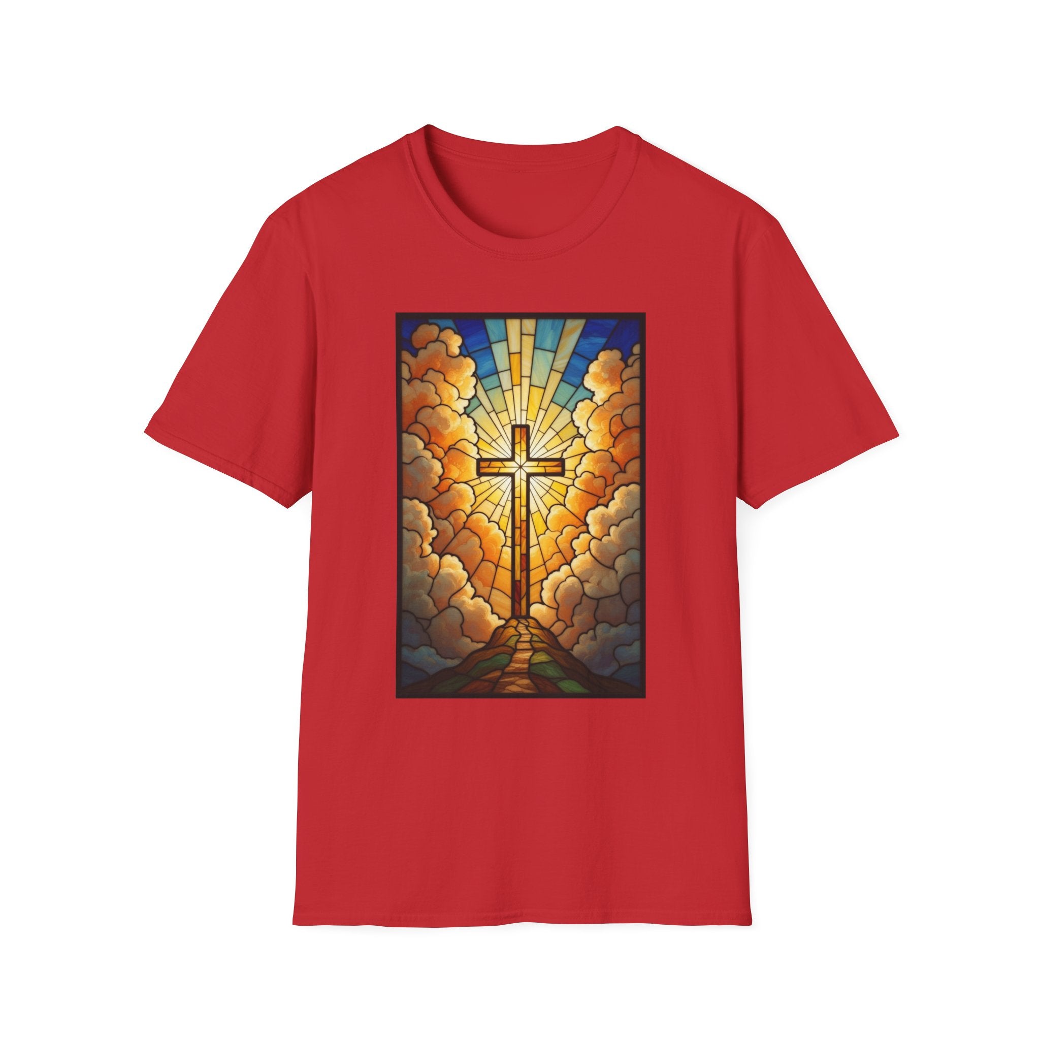 Christian Cross T-Shirt — Stained Glass Sunrise Faith Tee