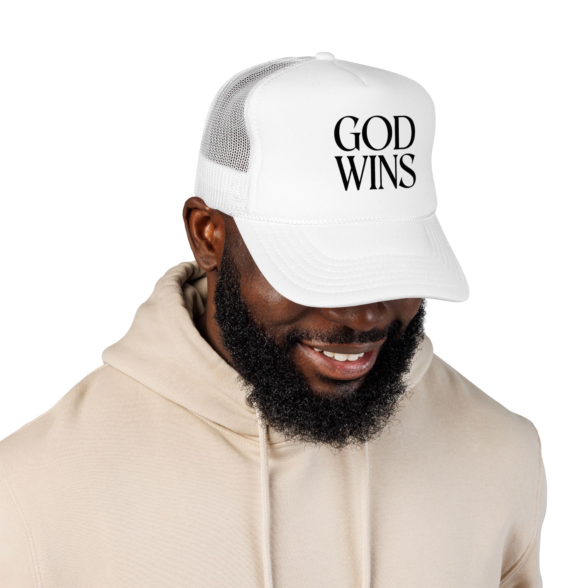 God Wins Trucker Hat — Christian Message Foam Mesh Cap
