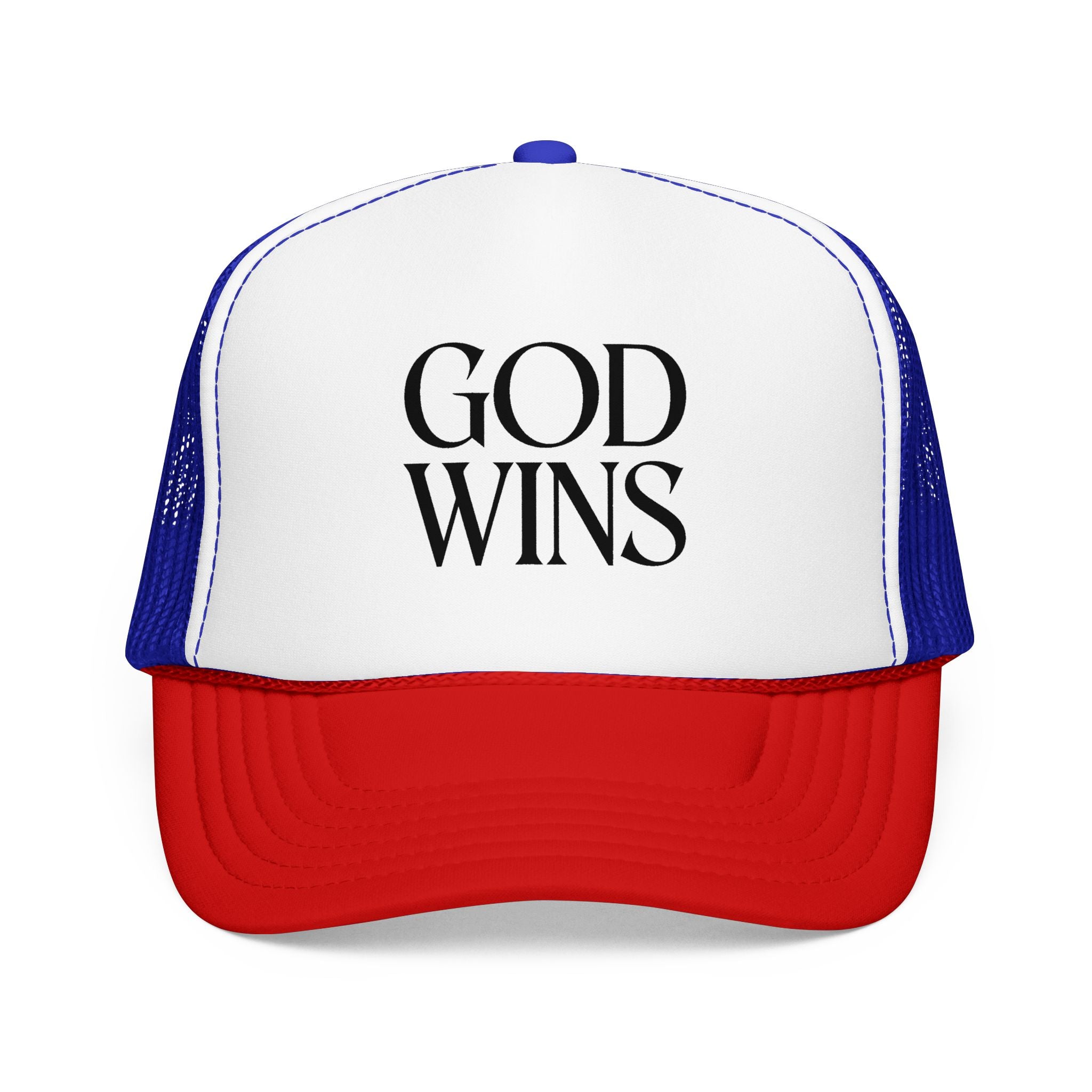 God Wins Trucker Hat — Christian Message Foam Mesh Cap