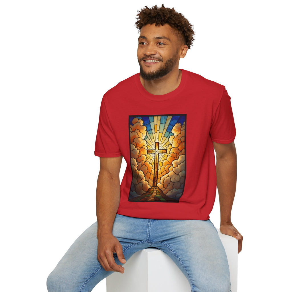 Christian Cross T-Shirt — Stained Glass Sunrise Faith Tee